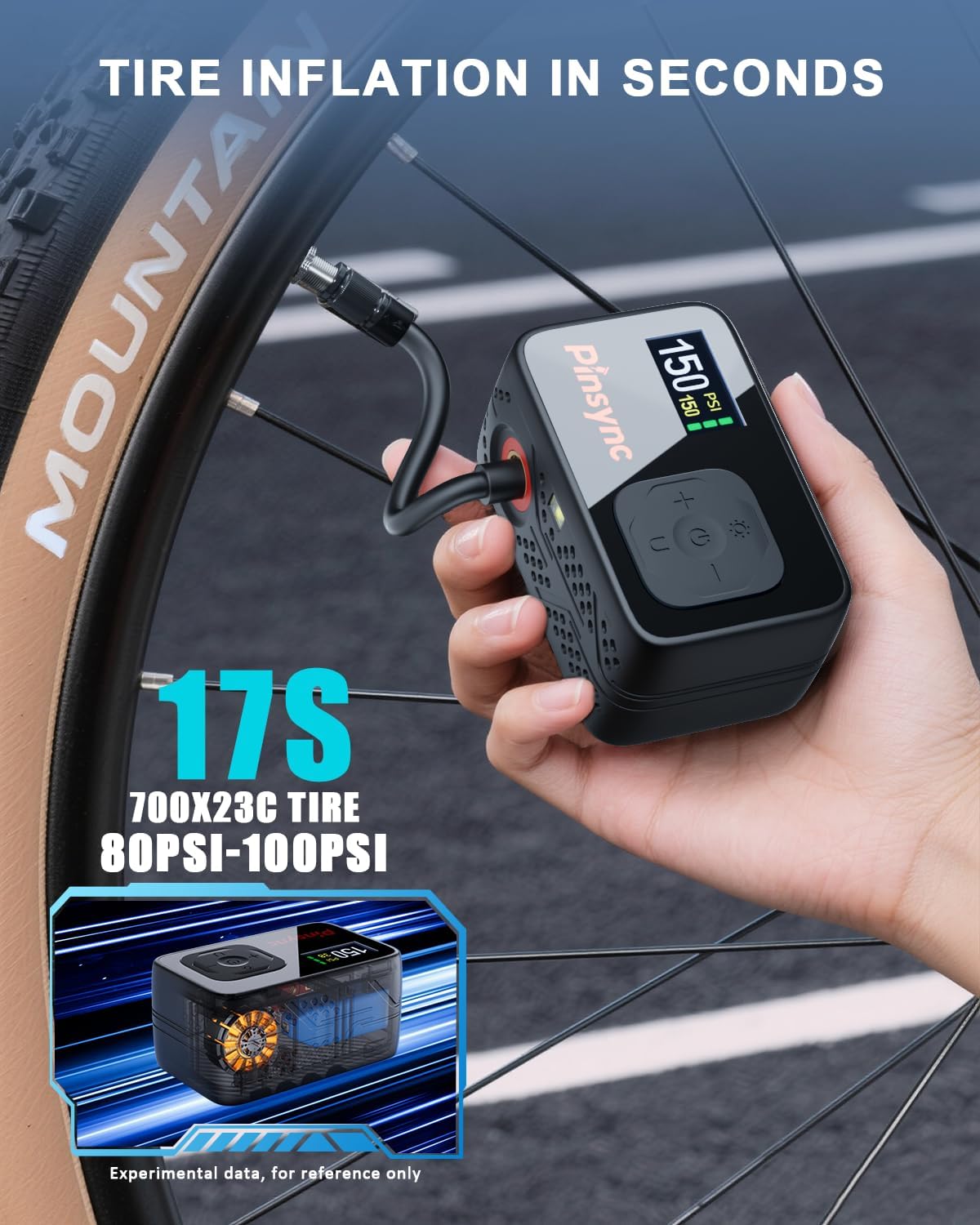 Mini Electric Bike Pump, 17S Fast Inflate 150PSI Portable Tire Pump with Digital Auto Stop, Presta & Schrader Valve Compatible for Road Bike, MTB, E-Bike