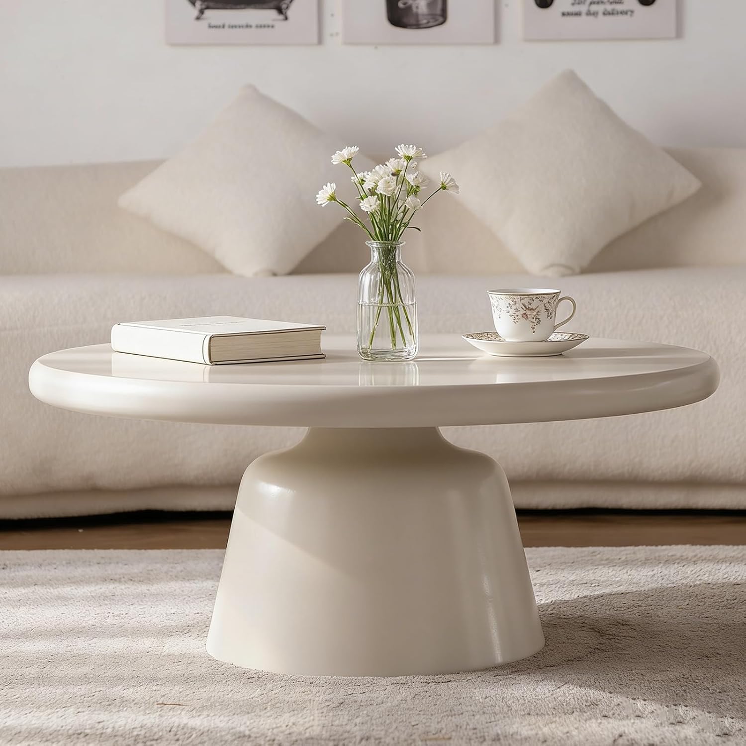 Modern Round Coffee Table White for Living Room, 31.5" Funky Circle Pedestal Coffee Table Minimalist Cream Circular Pedestal Coffee Table Small Drum Circular Center Table TeaTable
