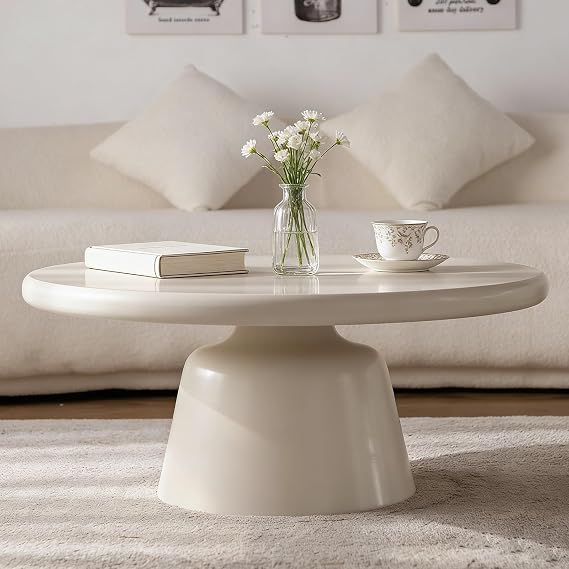 31.5 Small Round Coffee Table with Sturdy Pedestal for Small Spaces | Cream White Circle Drum Center Table Minimalist Tea Table for Living Room Apartment Lounge, Easy Assembly
