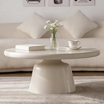 Modern Round Coffee Table for Living Room, 31.5" Funky Circle Pedestal Coffee Table Minimalist Cream Circular Pedestal Drum Center Tea Table, Easy Assembly