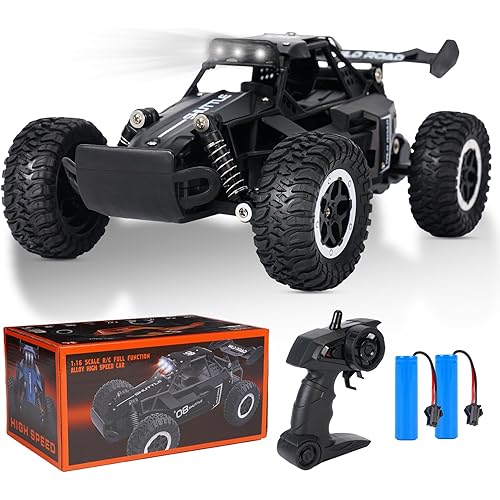 Remote Control Car, Remote Control Truck, 1:16 Balck 2.4Ghz All Terrain Off-Road Monster Truck, 20 km/h RC Cars with LED Bodylight and 2 Rechargeable Batteries Toys Gifts for Adults Boys 3+ Years