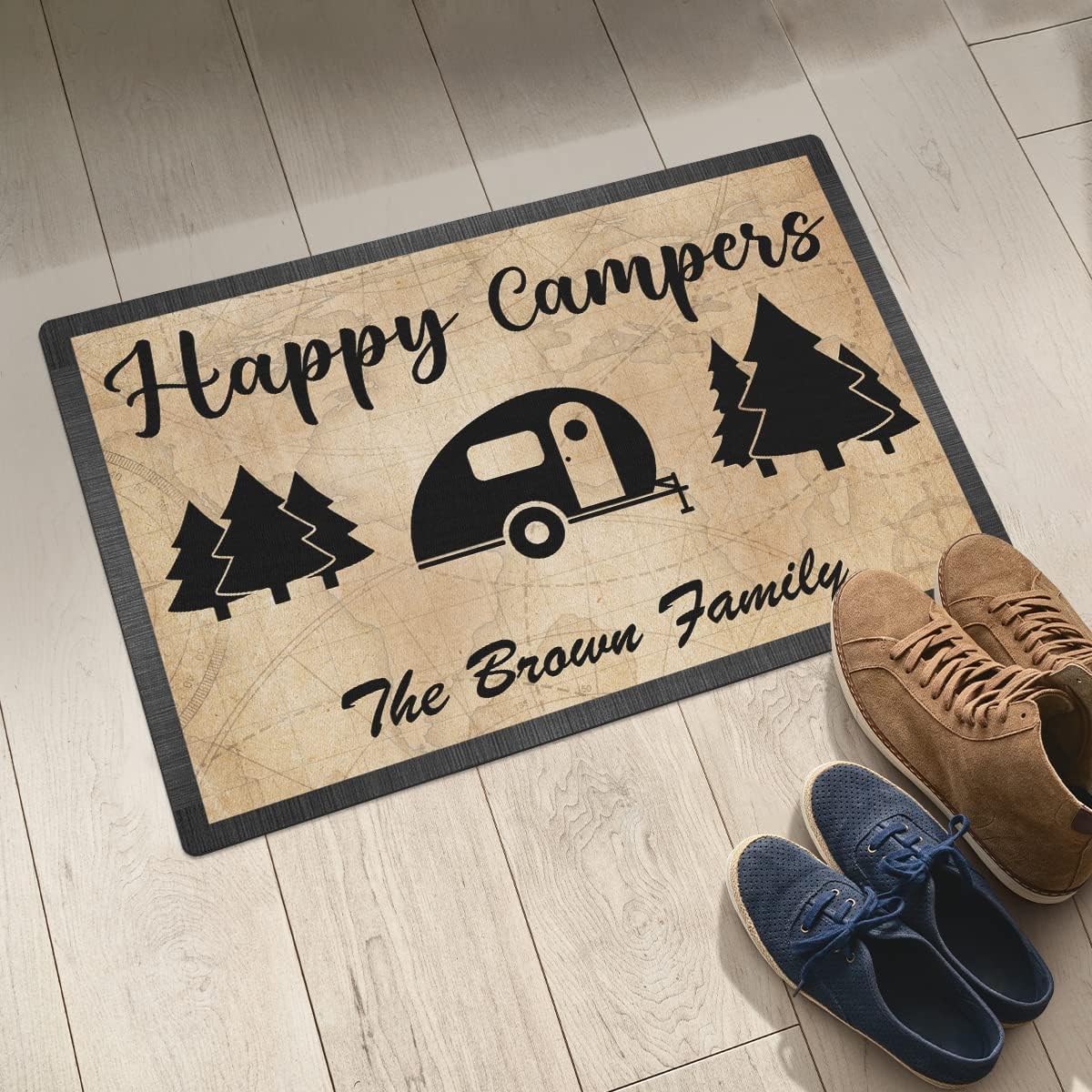 Personalized Happy Campers Doormat - Custom Family Name and Rv Camping Door Mat, Accessories for Inside Outside, Campsite Decor Travel Trailers, Decorative Gift Welcome Motorhome Rugs, 16 x 24 inches