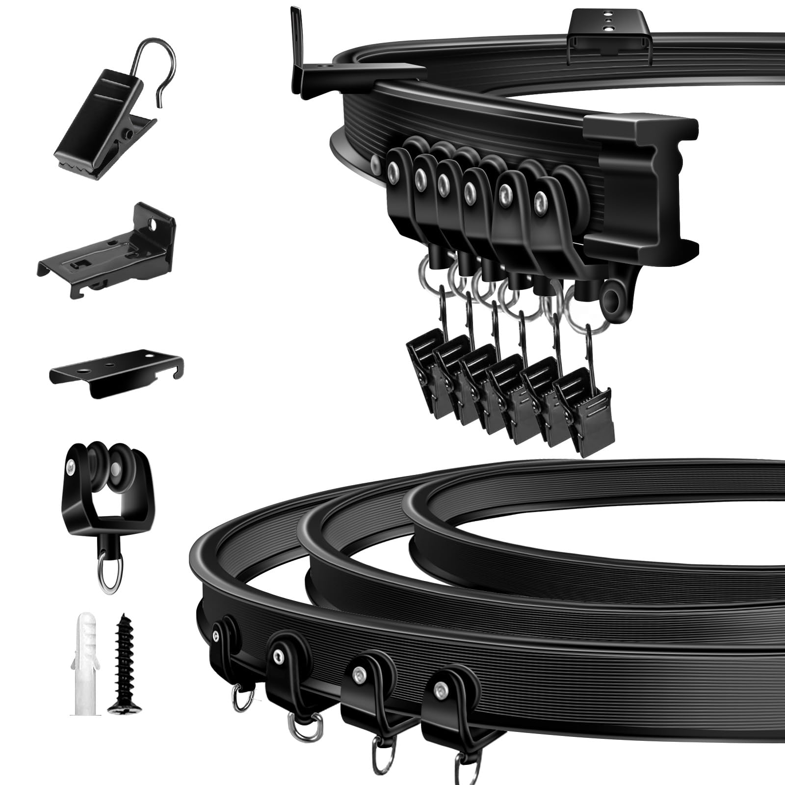 TOKPLNU Ceiling Curtain Track, Flexible Bendable Curtain Track 10Ft Black Curved Curtain Rail Ceiling Wall Mount Curtain Sliding Track System Set for RV, Bay Window, Room Divider
