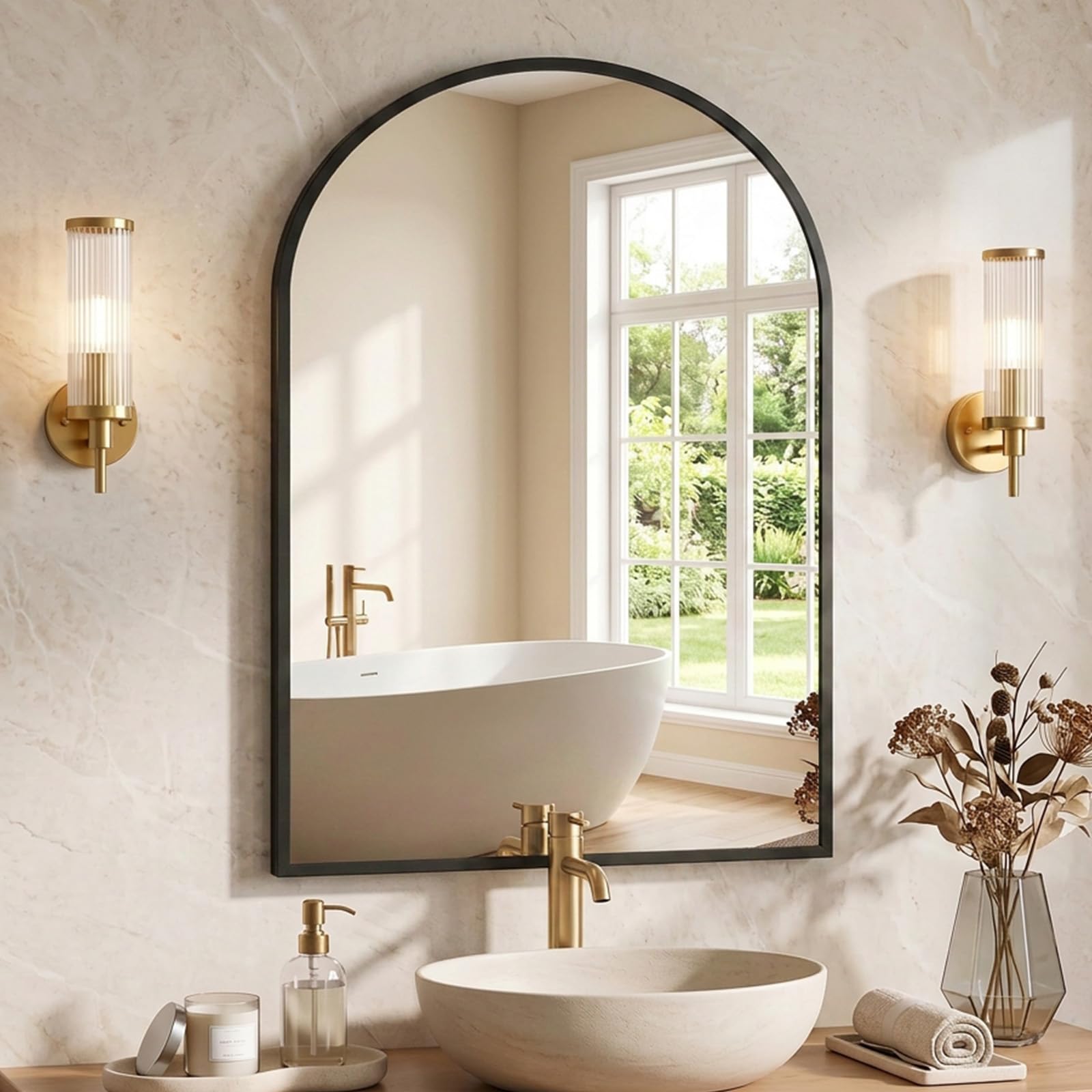 NEWBULIG 20X30 Inch Arched Bathroom Wall Mirror for Over Sink, Black