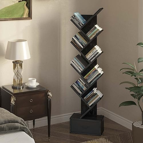 Miniatura 2 de Rolanstar Estantería con cajón, estantería de árbol de 9 estantes, estantería retro, estante de almacenamiento de madera para CD, películas, libros,
