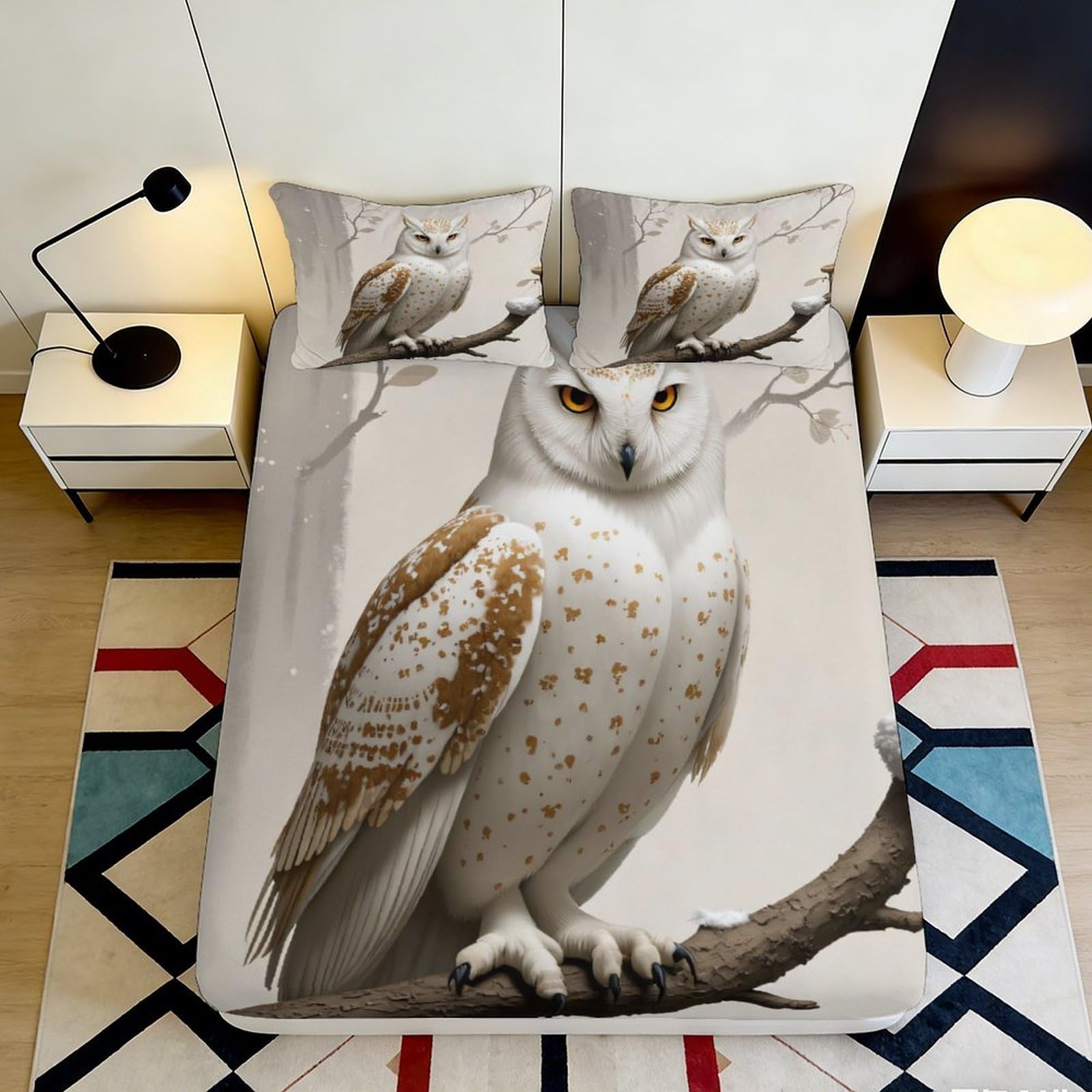 3D Printed Snowy Owl Fitted Sheet Microfiber Soft Anti-Slip Woodland Branch Mattress Cover for Bedroom Dorm Decor 90x200x25cm