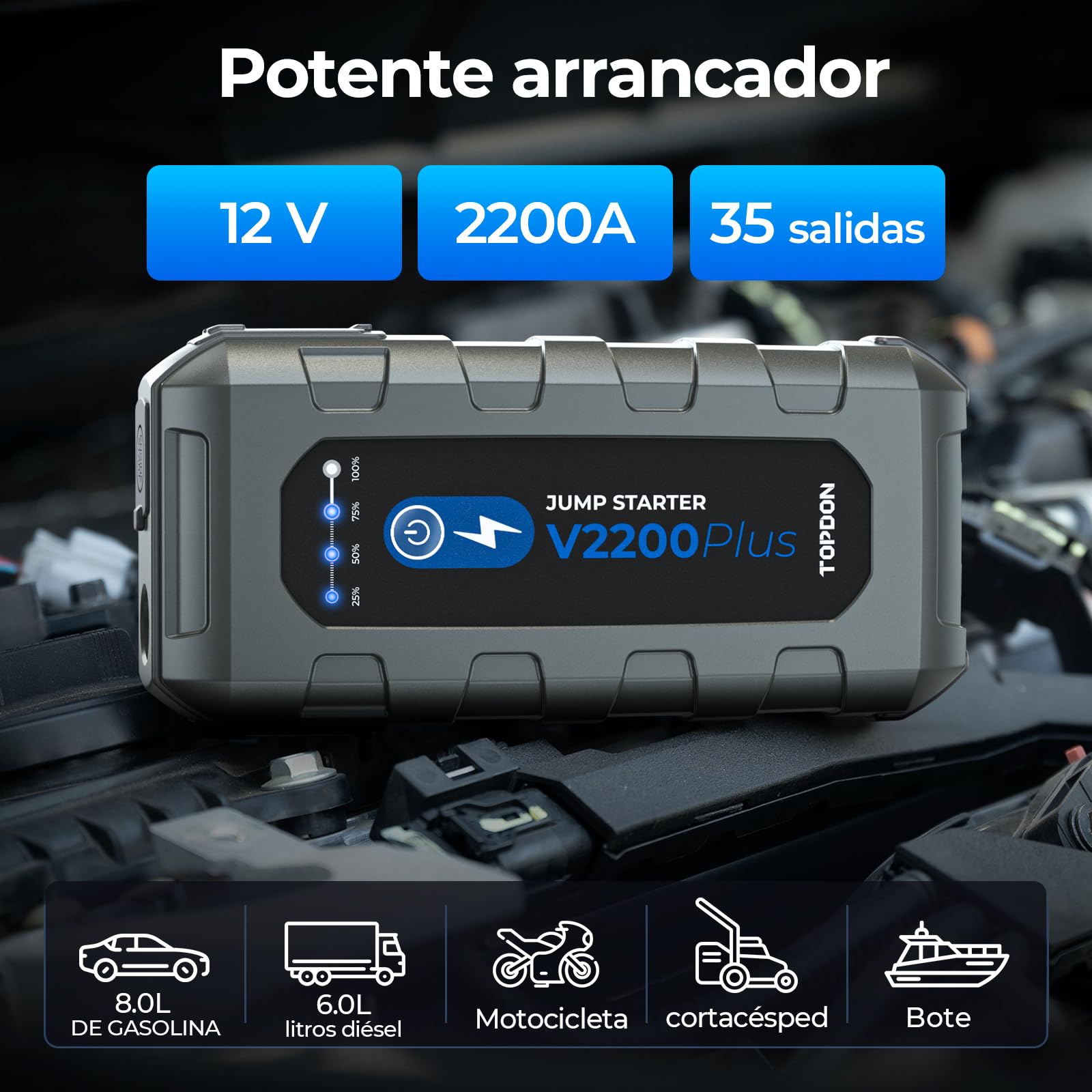 TOPDON V2200 Plus Arrancador de Coches y 12V Comprobador de Batería 2 en 1, Arrancador de Baterias de Coche 2200A para 8L Gas/6L Diesel