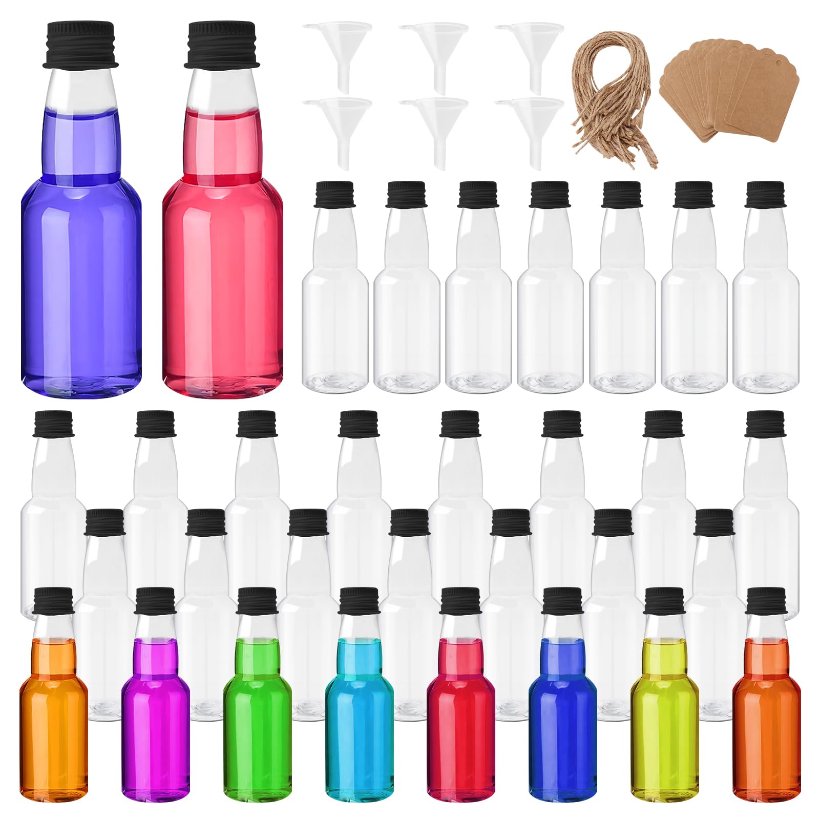 96Pcs Mini Liquor Bottles Set, Include 30Pcs 2 oz Alcohol Shot Containers with Black Cap, 6 Funnels, 30 Tags and 30 Ropes, Plastic Empty Spirit Bottles for Wedding Party Supplies