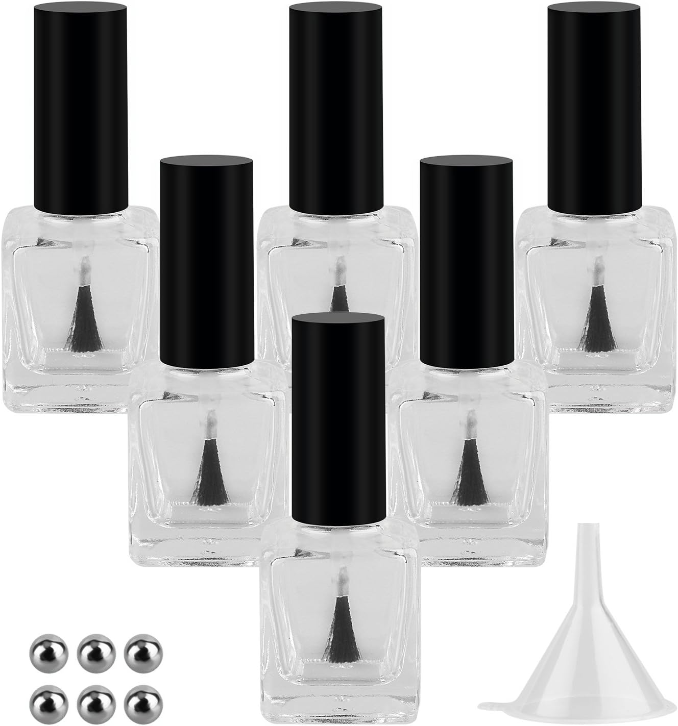 GTHER 6PCS 15ML Empty Nail Polish Glass Bottles with Brush Cap & Funnel & Mixing Balls for Nail Art