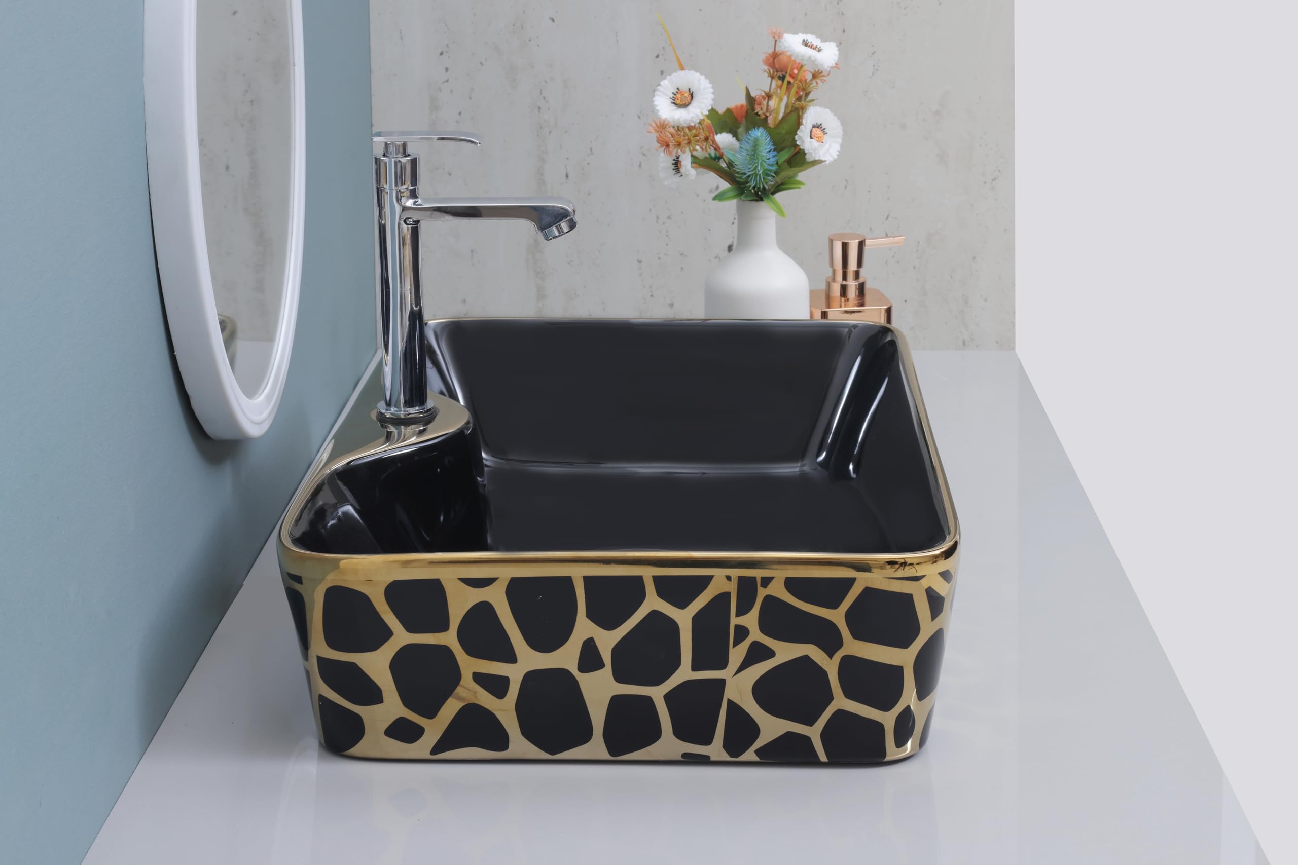HISRE Table Top Designer Wash Basin Square Counter Top/Over Counter Wash Basin/Vessel Sink Glossy Finish For Bathroom & Living Room 19 X 14 X 5 Inches (Black Only Basin) (Model - G1113), photo 3 of 4