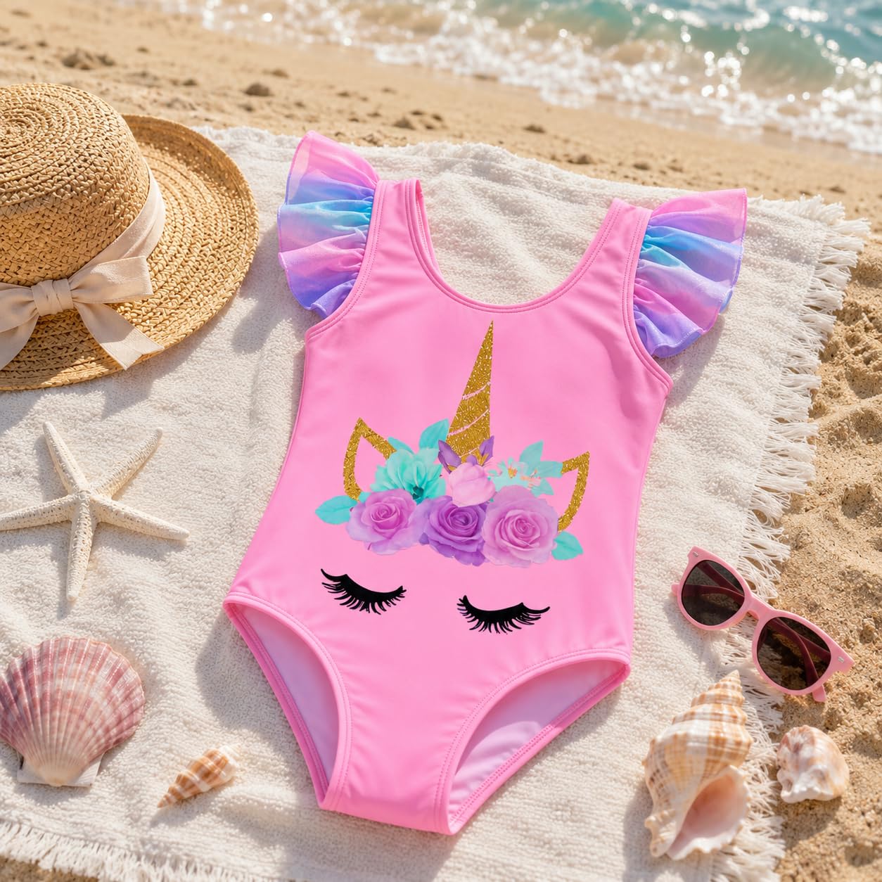 Bañador de Una Pieza para Niña – Traje de Baño con Estampado de Unicornio para Piscina o Playa – Ideal para Verano y Natación – Tallas 3 a 12 Años – Disponible en Rosa, Blanco y Azul