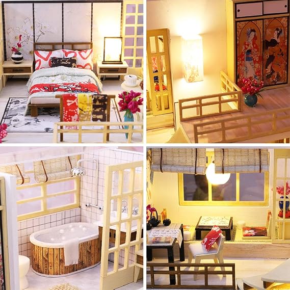 Roroom DIY Miniature and Furniture Dollhouse Kit,Mini 3D Wooden Doll House Craft Model Japanese Style with Dust Cover and Music Movement,Creative Room Idea for Valentine's Day Birthday Gift(M030)