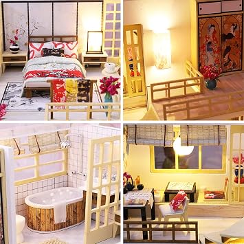 Roroom DIY Miniature and Furniture Dollhouse Kit,Mini 3D Wooden Doll House Craft Model Japanese Style with Dust Cover and Music Movement,Creative Room Idea for Valentine's Day Birthday Gift(M030)