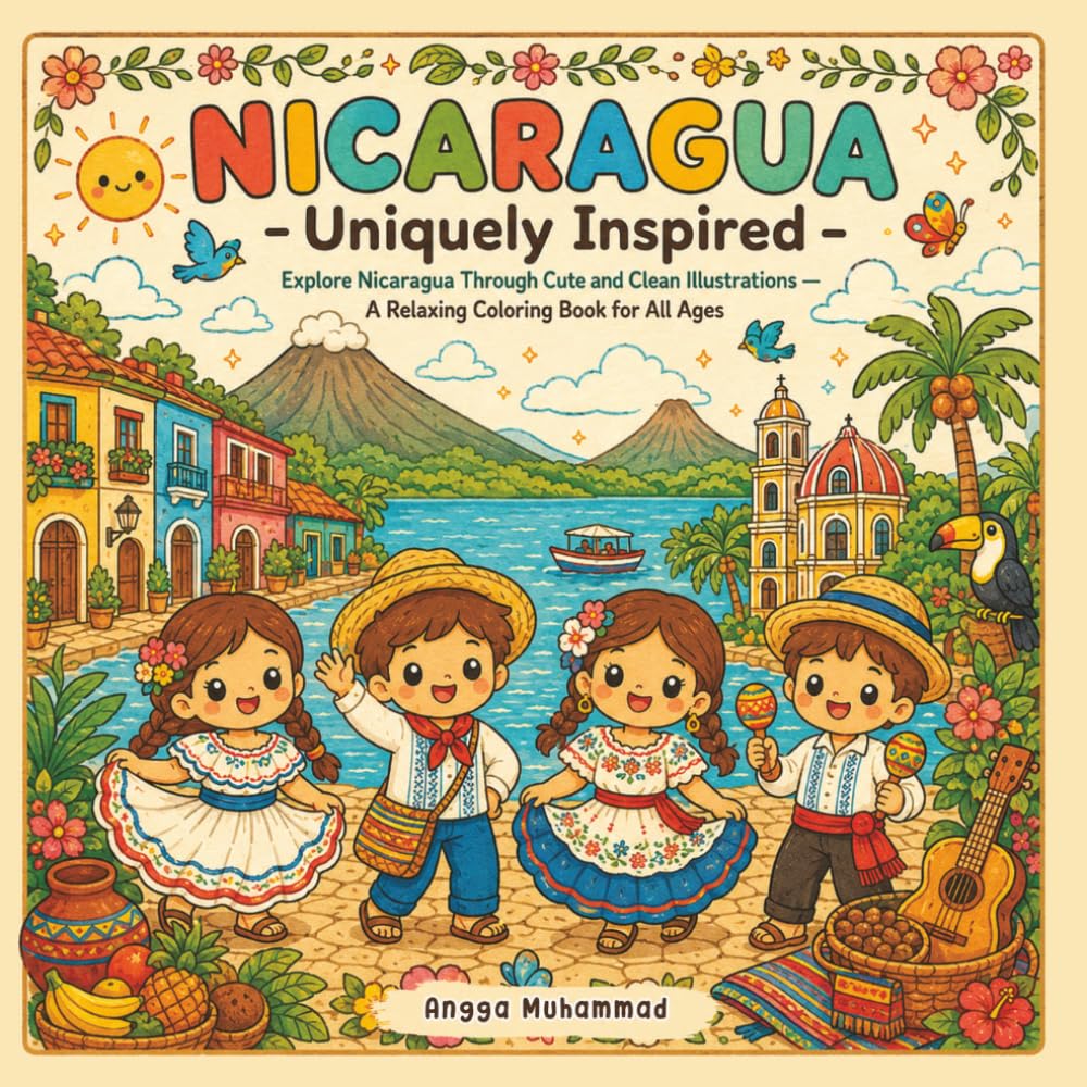 NICARAGUA — Uniquely Inspired: Explore Nicaragua Through Cute and Clean Illustrations of Volcanoes, Markets, Forest Animals, Coastal Views, ... — A Relaxing Coloring Book for All Ages