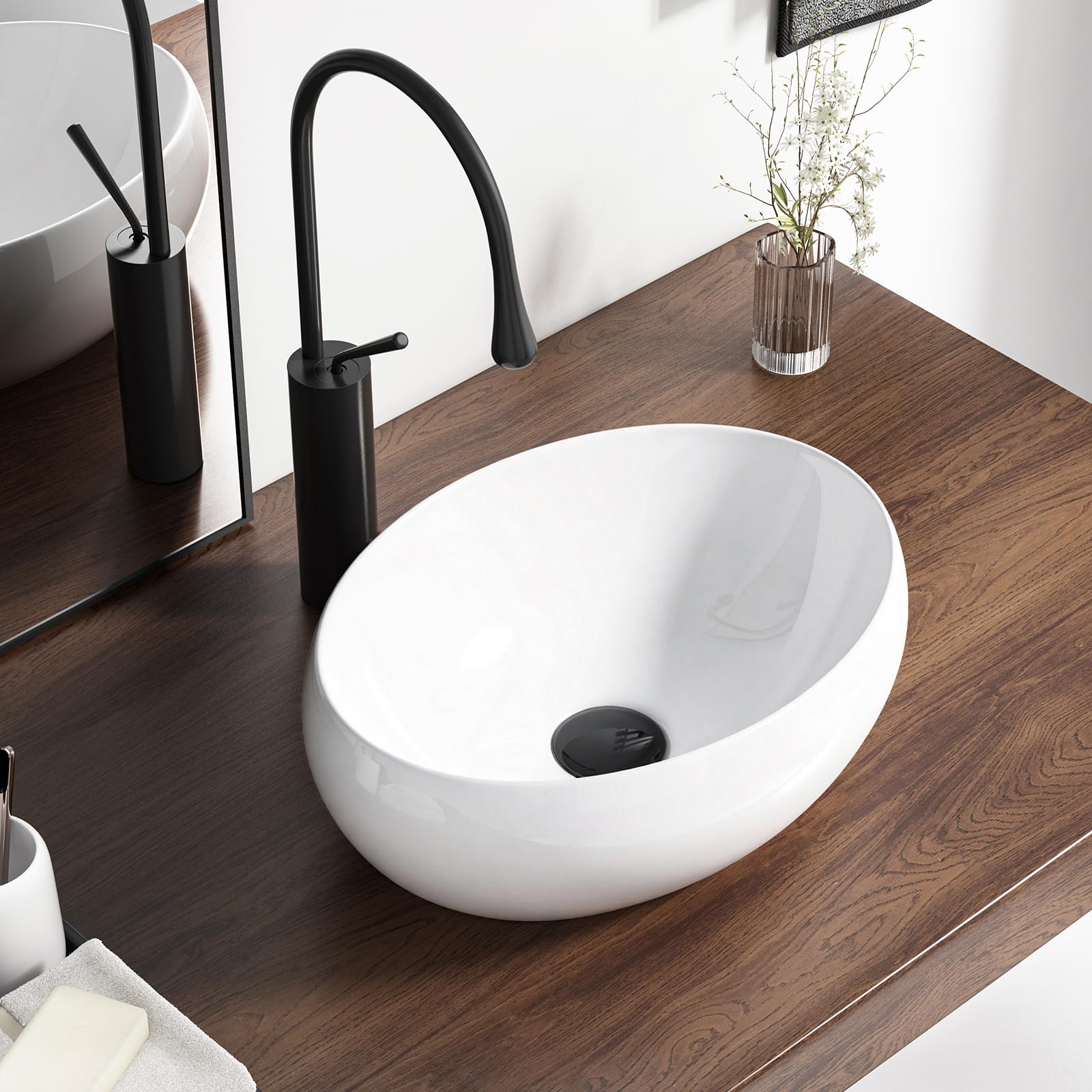 16 Inch Oval Bathroom Sink Above Counter, QISHKA 16" x 12" Ceramic Countertop Vessel Sink, White Modern Egg Shape Bowl Sink Hand Wash Basin