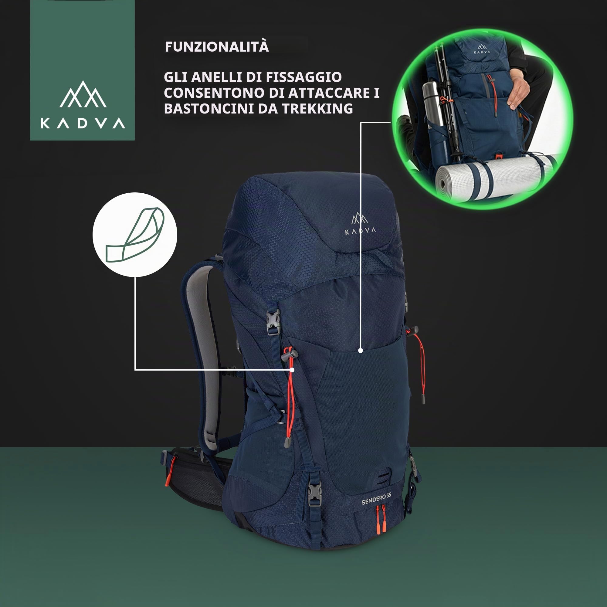 KADVA Zaino da trekking Sendero 35 l, sistema di trasporto Windspir, ventilazione e peso leggero, idrofobiatura, cinghie regolabili in vita e sul petto, dettagli riflettenti, cinghie inferiori