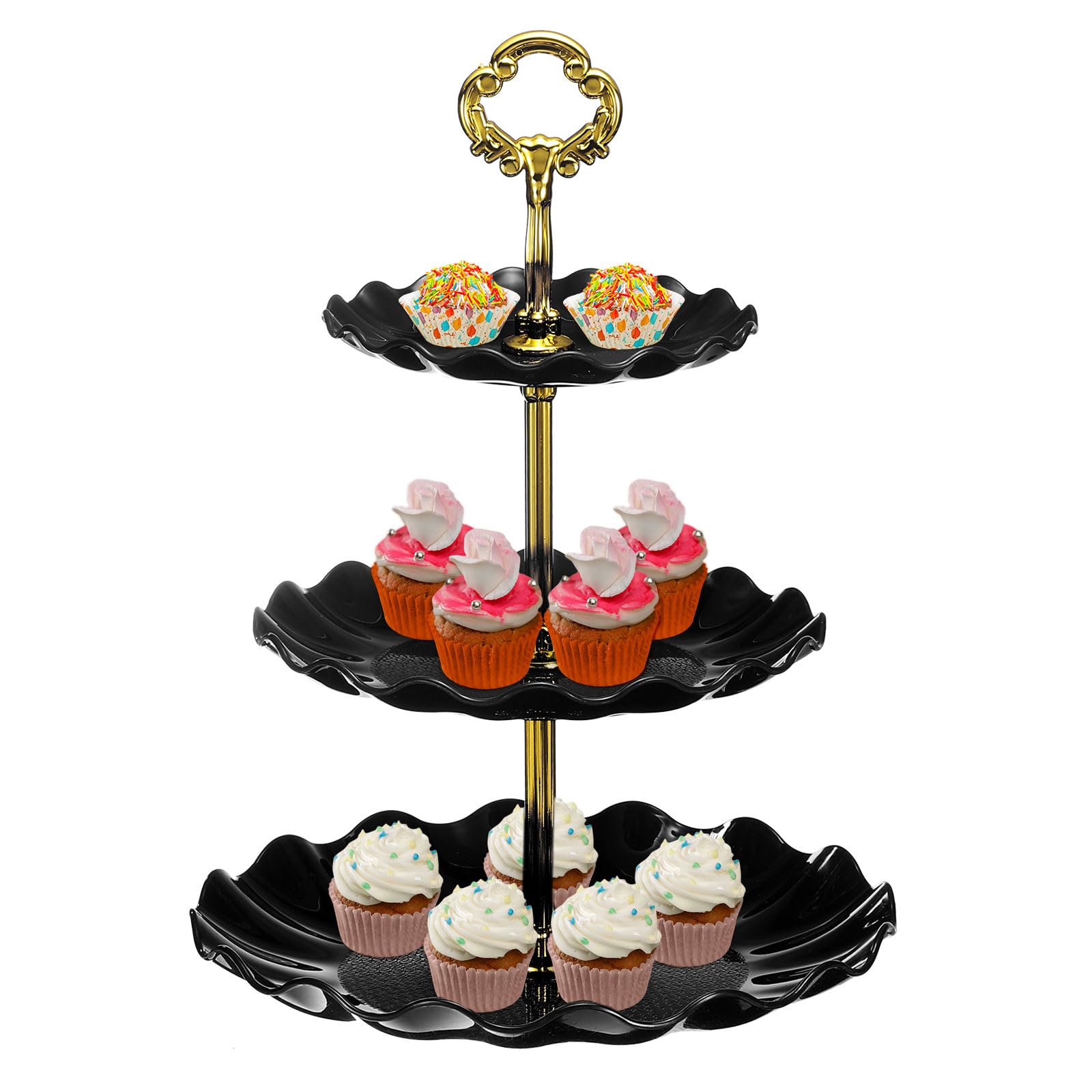 Présentoir à cupcakes noir 3 étages pour célébrer un goûter d'enfance