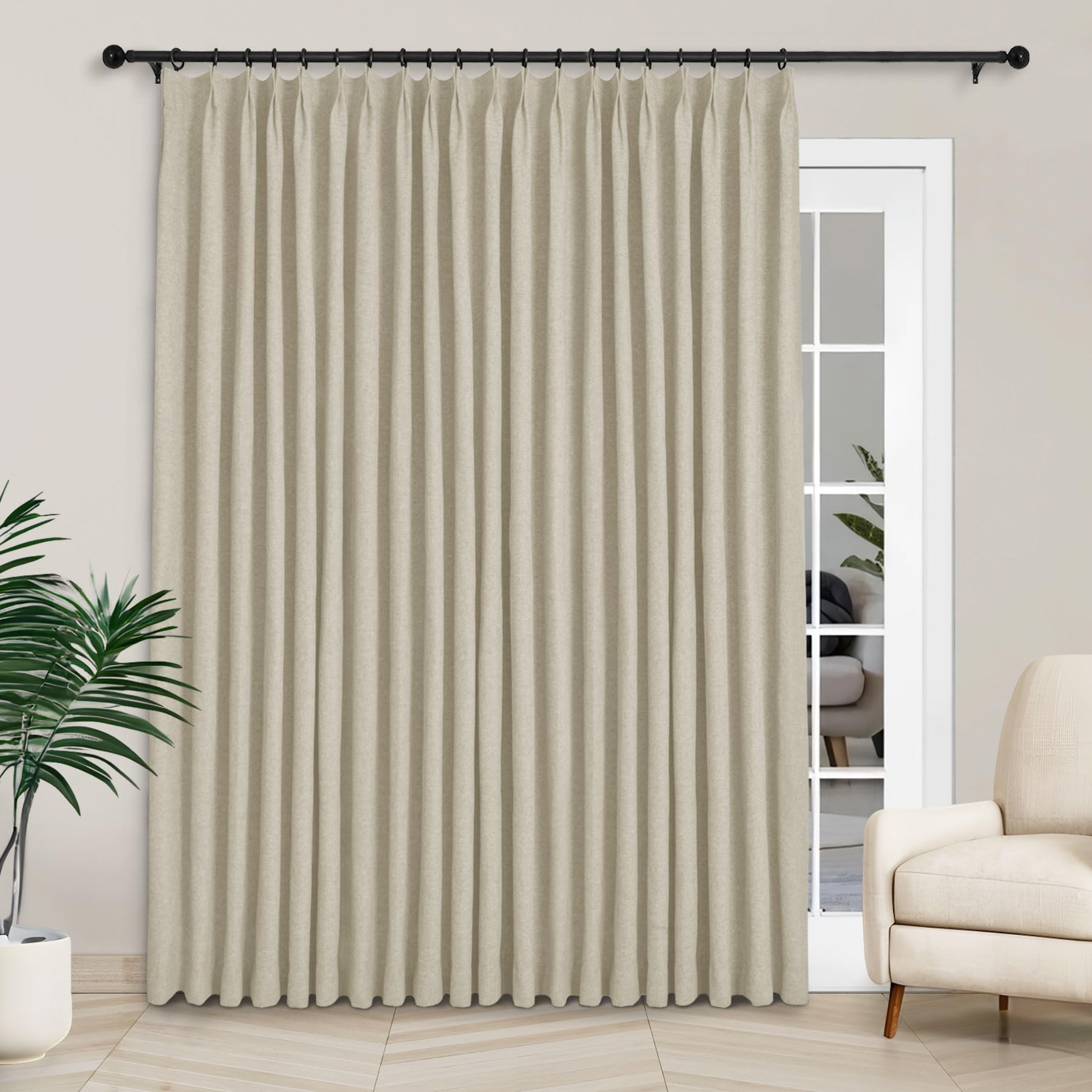 Macochico Extra Wide 100% Blackout Linen Curtains for Sliding Door Pleated Curtains with Hooks Insulated Soft Linen Drapes for Bedroom Living Room