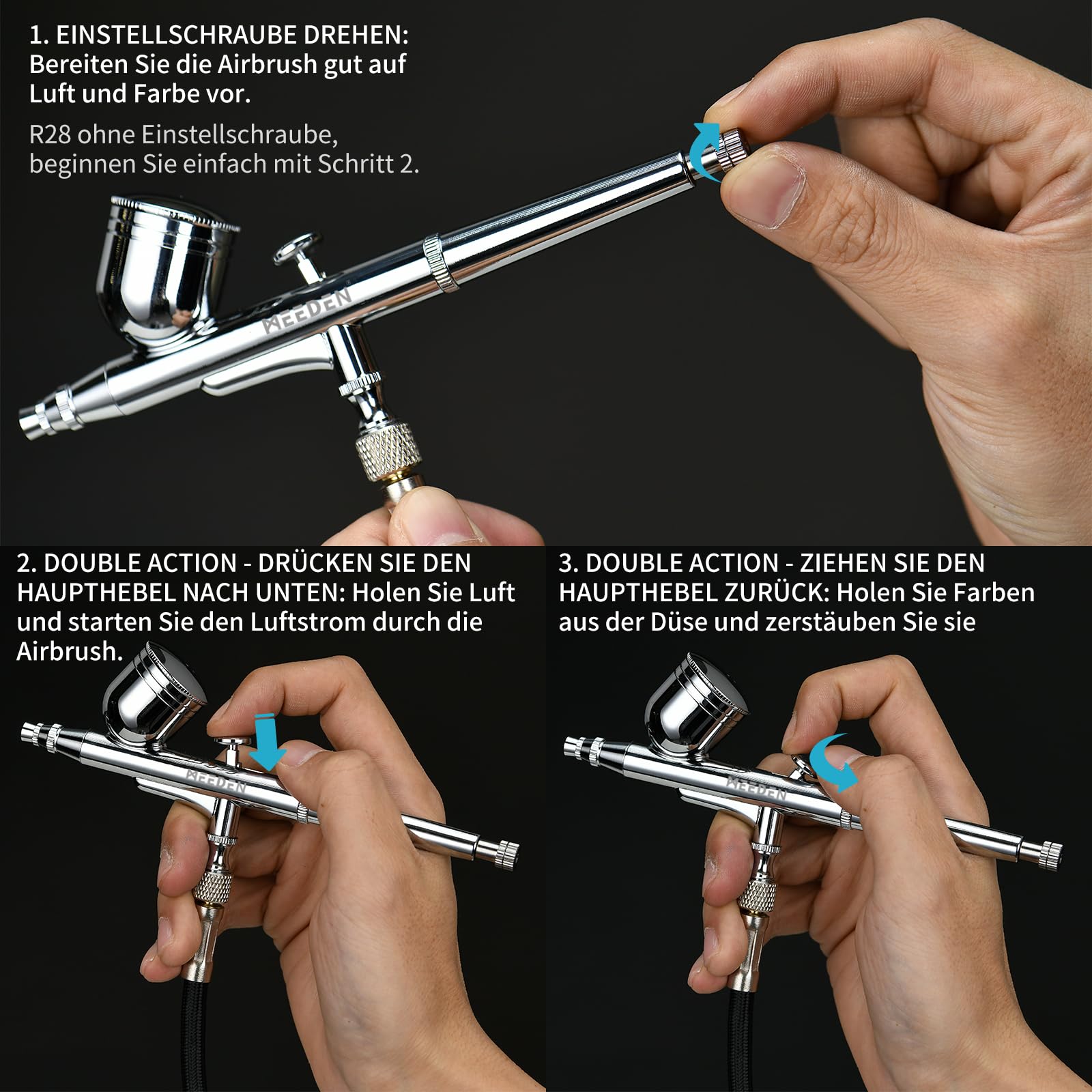 MEEDEN 3 PCS Airbrush Set, 0.25, 0.35, 0.5mm Nadeln vorgerüstet, Dual-Action 2 PCS Schwerkraftzufuhr und 1 PCS Siphonzufuhr, Airbrush Pistolenzubehör für Kunst, Modellbau, Tattoos, Tortendekoration