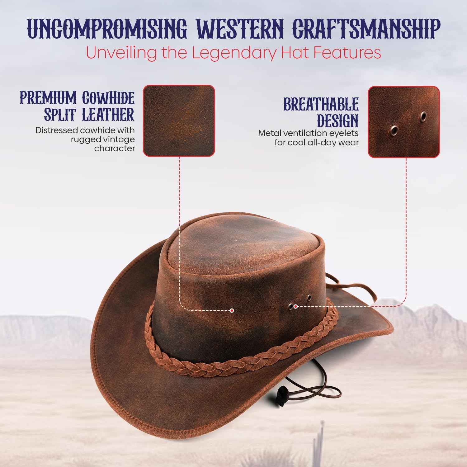 Equine Care Leather Cowboy Hat for Men & Women - Genuine Cowhide Western Hat with Shapeable Brim, Chin Strap, Rustic Brown Outback Ranch Rodeo Riding Hat,