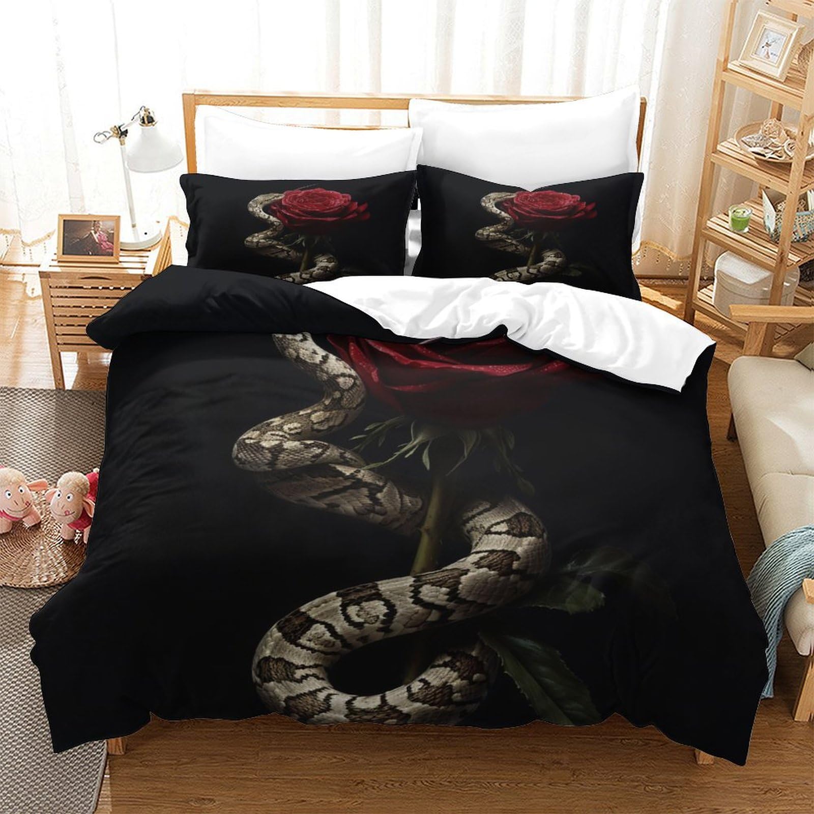 P1S9U7W5Y Dark Snake Rose 3D Printed Duvet Cover Set 3pcs Microfiber Serpent Floral Bedding Set Single（140x200cm）