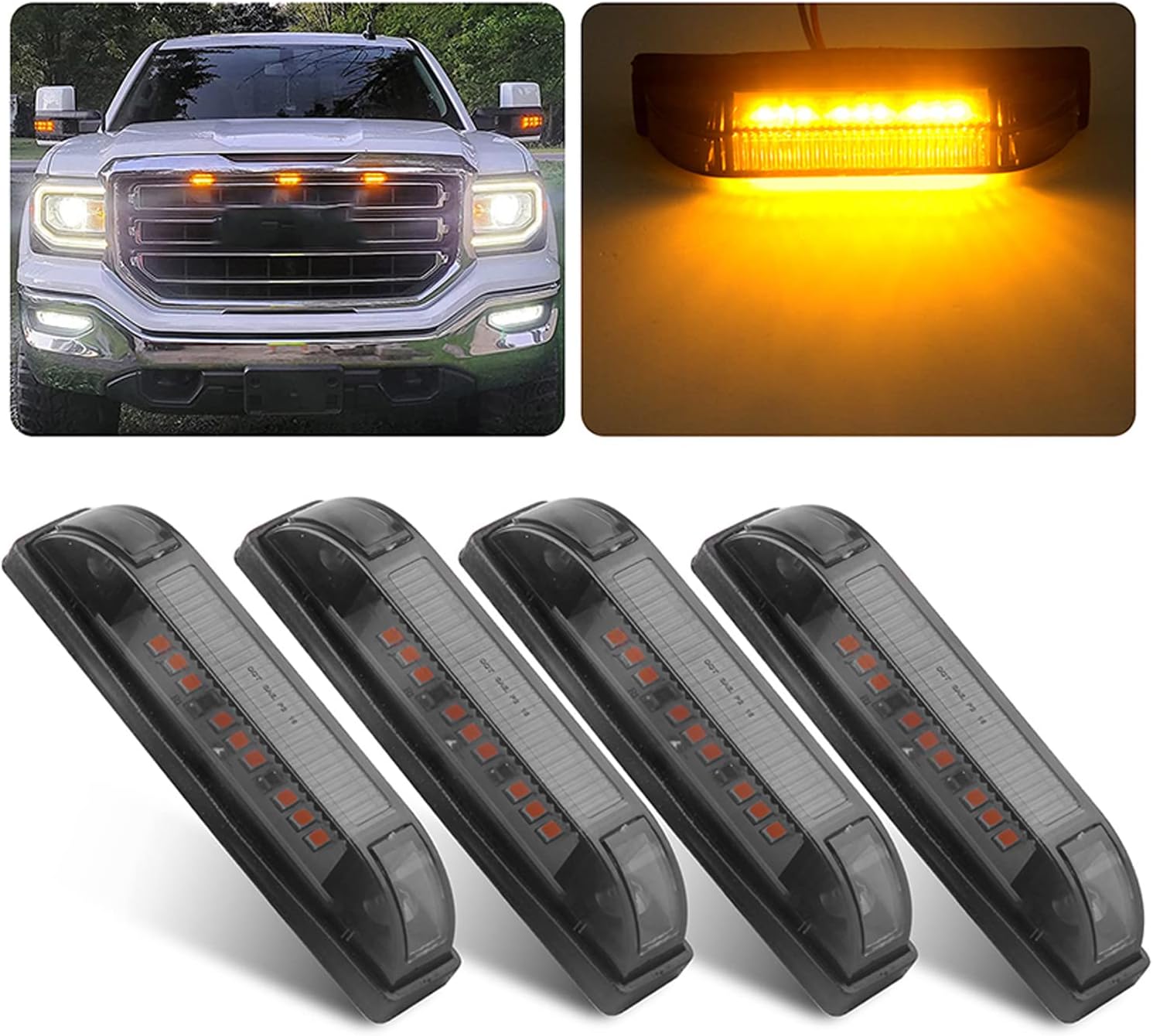 Partswcgg Smoked Amber Led Front Grille Marker Lights Kit, 4Pcs 4 Inch Full Led Center Grille Running/Position Lights Sealed 9 Leds Compatible With Tacoma/Tundra/Silverado Grill Marker Lights