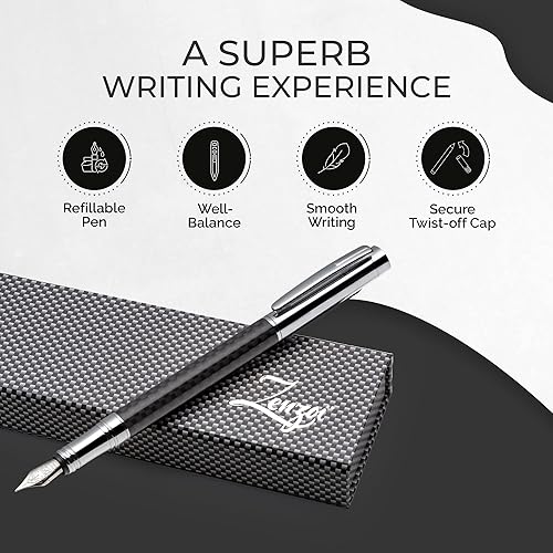 Vista 4 de ZenZoi Pluma estilográfica Elite de fibra de carbono: elegante experiencia de escritura con punta fina Schmidt. Juego de regalo de pluma de lujo