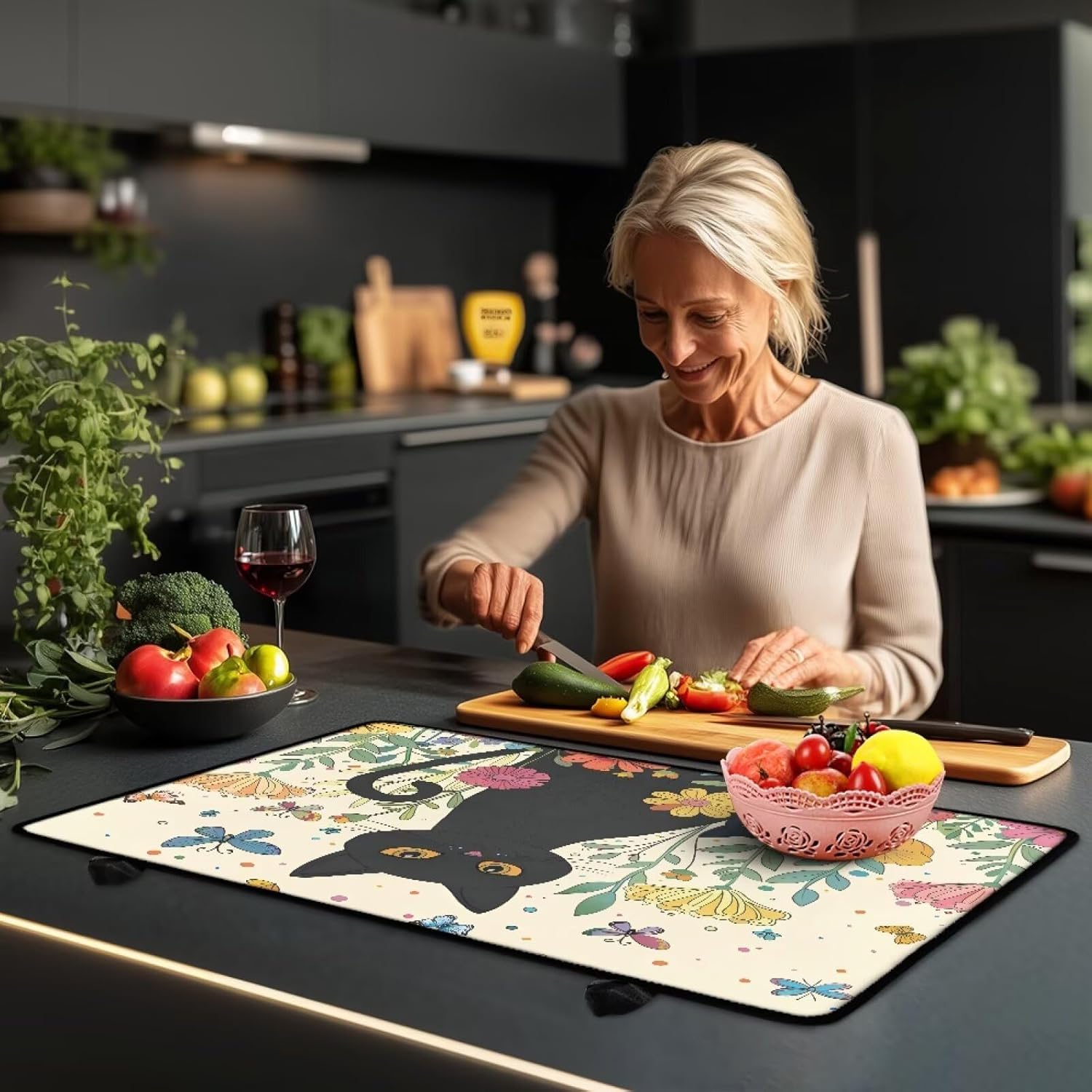 Cartoon Black Cat Floral Butterfly Print Stove Top Covers for Electric Stove 29.18 x 20.96 inch Stovetop Protector Pad Waterproof Glass Cooktop Cover for Flat RV Range Kitchen