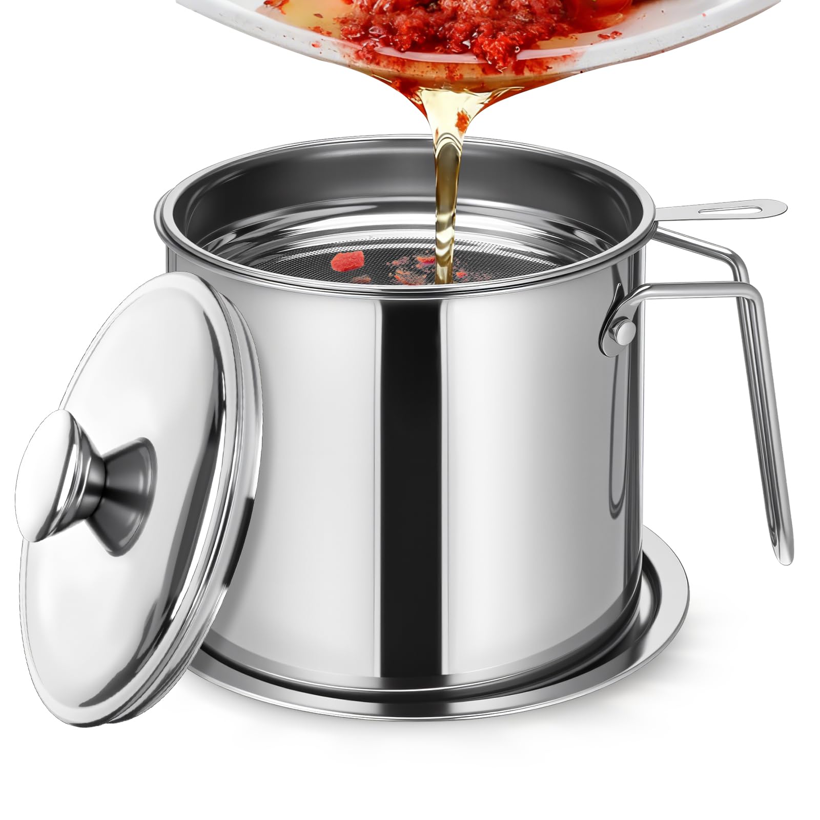 Photo 1 of 1.8L / 61 oz Bacon Grease Container with Strainer, 304 Stainless Steel Grease Container, Oil Filter with Fine Mesh Strainer and Dust-Proof Lid for Storing Frying Oil