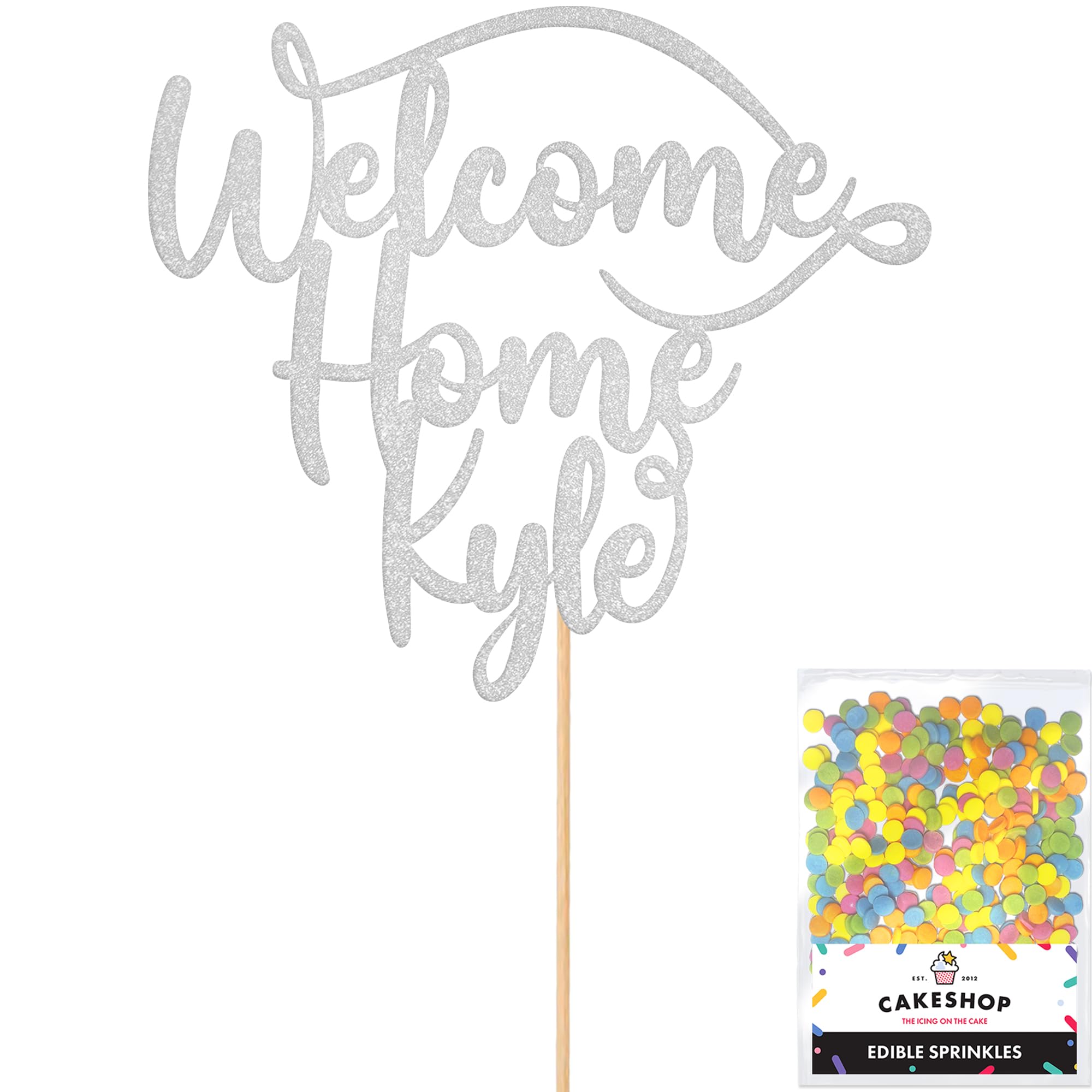 Cakeshop Personalised Welcome Home Glitter Cake Topper With Sprinkles - Light Silver Custom Colour - Any Name - Double-Sided Glitter Card Cake Decoration - Custom Toppers for Cakes