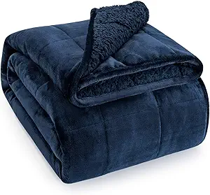 Wemore Sherpa Fleece Weighted Blanket for Adult, 15 lbs Dual Sided Cozy Fluffy Heavy Blanket, Ultra Fuzzy Throw Blanket with Soft Plush Flannel Top, 80 x 87 inches, Navy Blue on Both Sides
