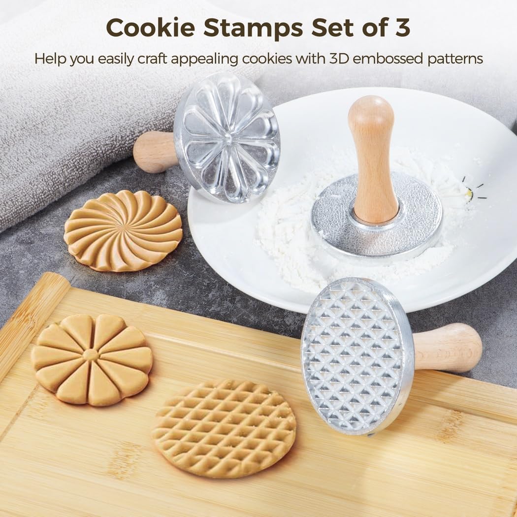 Tampons à cookies, lot de 3, emporte-pièces à biscuits en métal avec poignées en bois, moules à presser de 3,1 pouces, embosseurs en alliage de zinc pour pâtisserie et déco gâteau