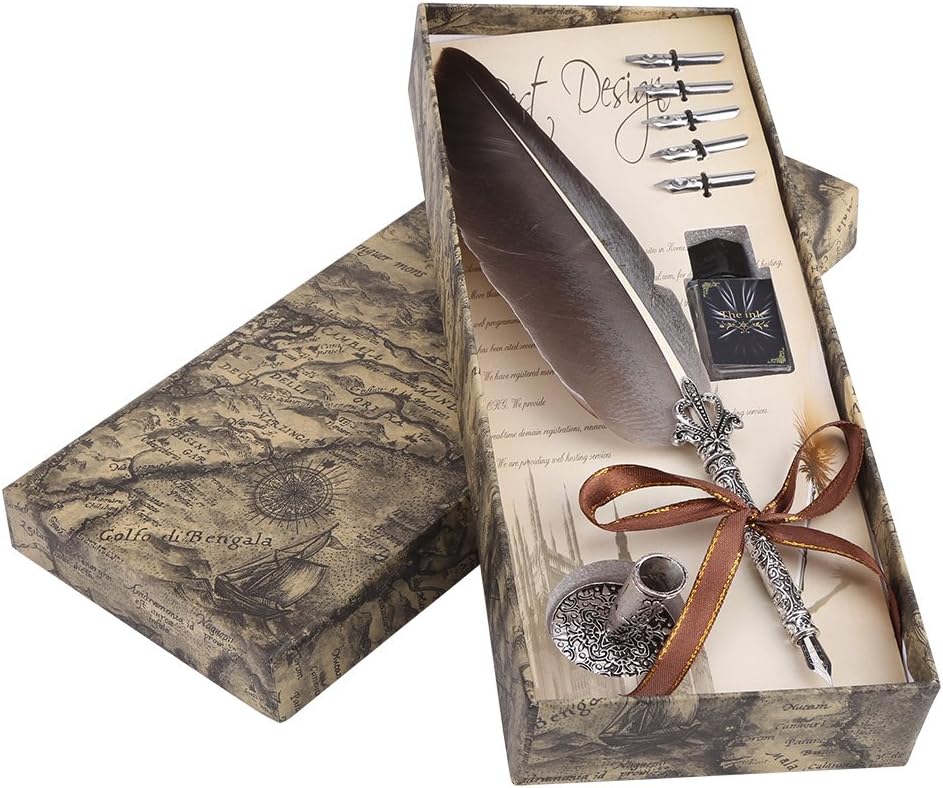 Walfront Quill Pen Set Calligraphy Writing Quill Ink Dip Pen with Ink and 5pcs Stainless Steel Nibs Calligraphy Pen in Gift Box(Black)