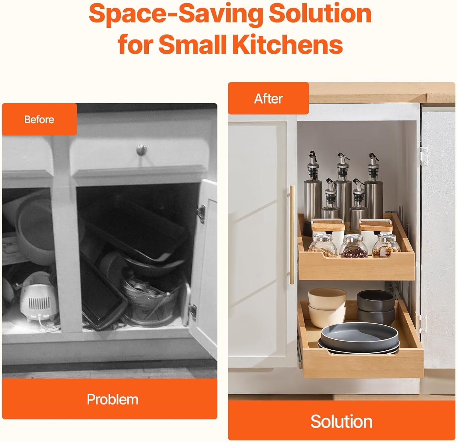 VEVOR 2 Tier Pull Out Cabinet Organizer, 14" W x 21" D Cabinet Drawer, Soft Close Slide out Shelf, Heavy-Duty Sliding Wood Drawer, Adjustable Base Cabinet Organization for Kitchen Pantry Bathroom - Image 4