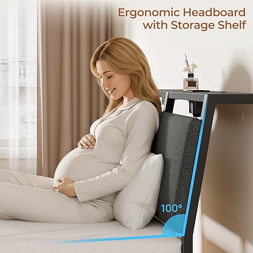 Miniatura 5 de Rolanstar Base de cama individual con cabecera ergonómica de almacenamiento y estación de carga, cama de plataforma tapizada con luz LED y cajón,