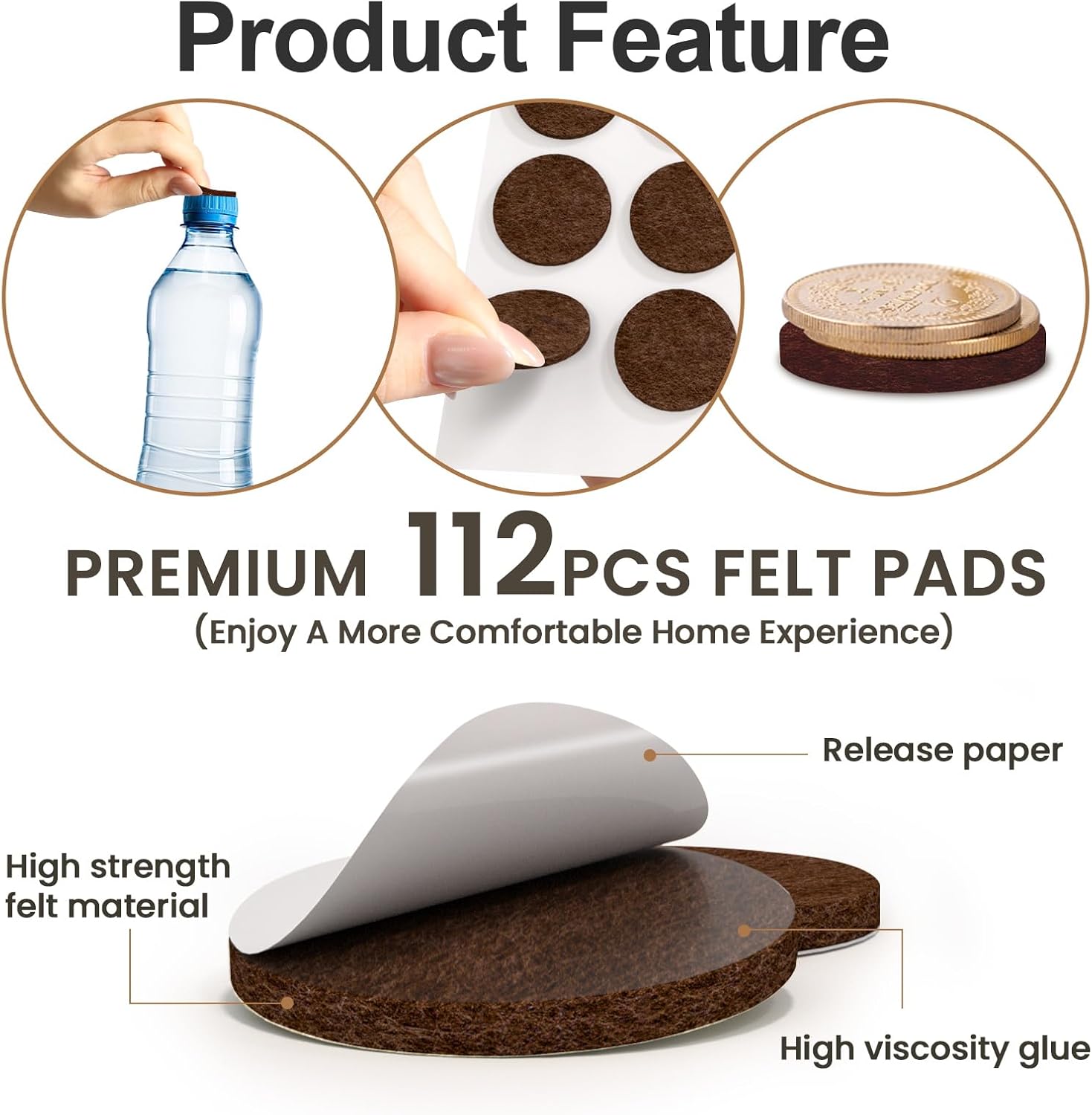 Condition photo showing New/Like New for 112 PCS Felt Furniture Pads, Chair Leg Floor Protectors, Furniture Sliders for Hardwood Floors, Cabinet Bumpers, Anti Scratch, Reduce Noise(Brown & Beige) 112Pcs Brown & Beige