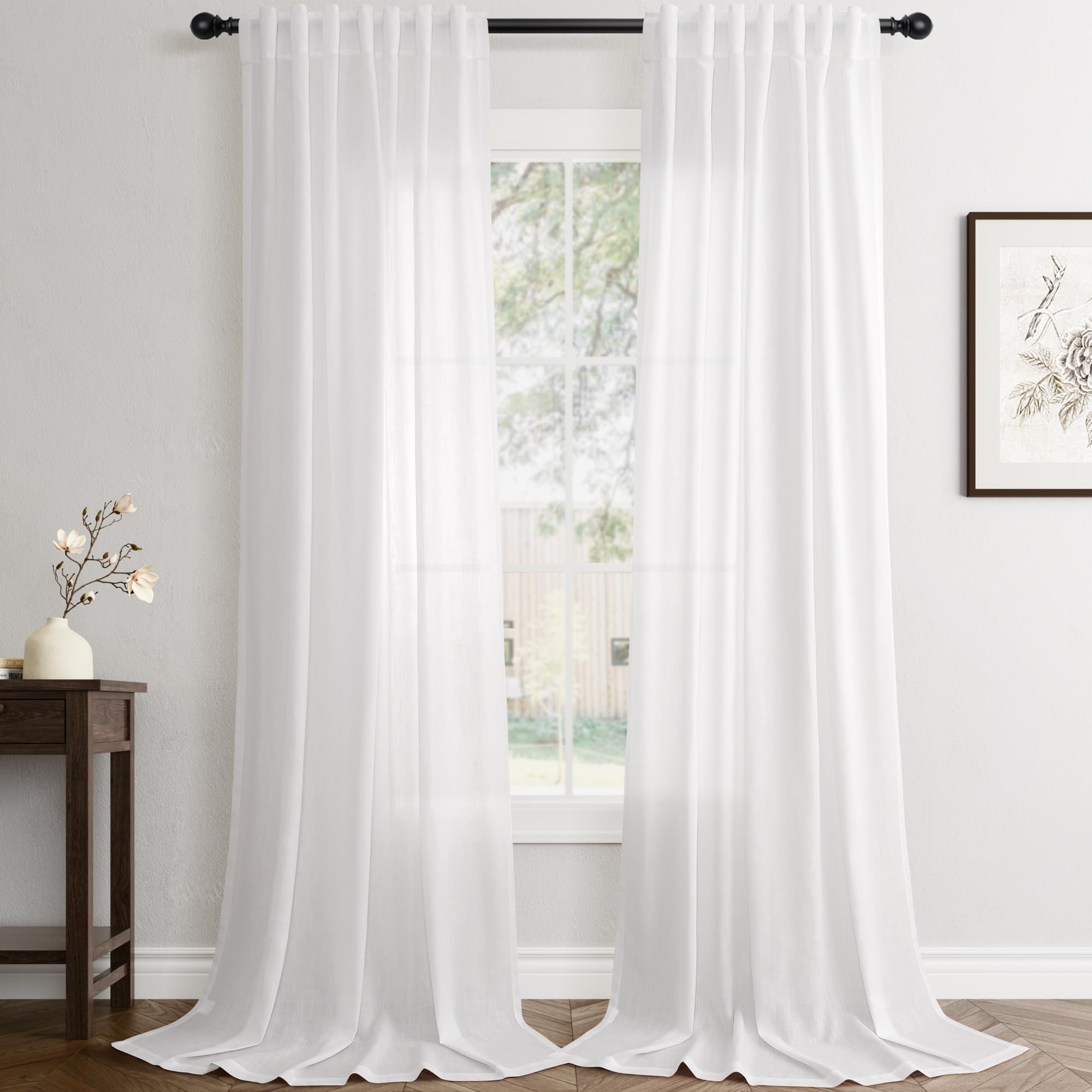 Linen White Curtains 120 inches Long for Bedroom Back Tab Privacy Light Filtering Semi Sheer White Boho Farmhouse Curtain Textured Modern Elegant