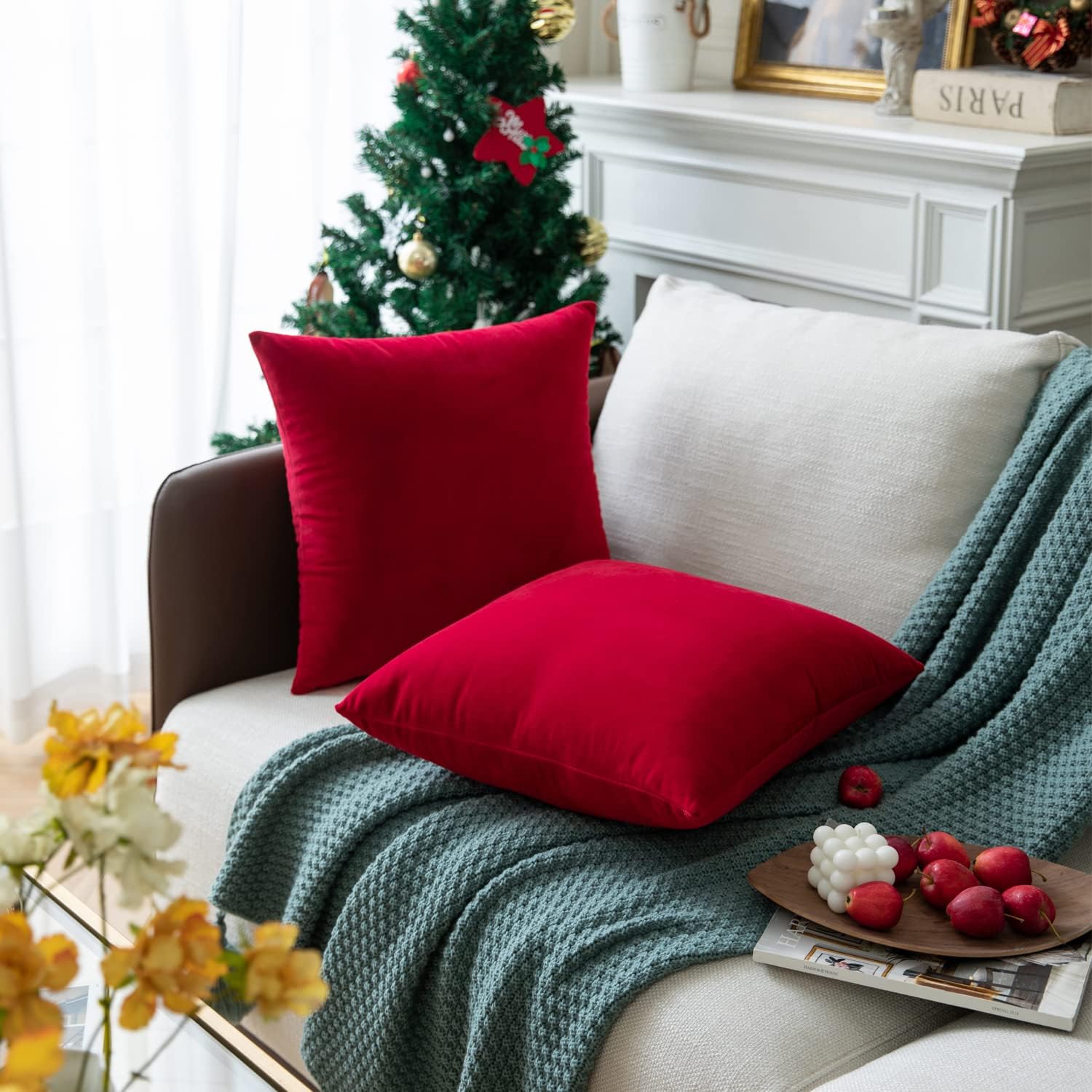 Set of 2 Bright Red Colored Solid Velvet Throw Pillow Covers, Cozy Soft Accent Pillow Cases for Sofa Couch Bed and Living Room - 20"x20"