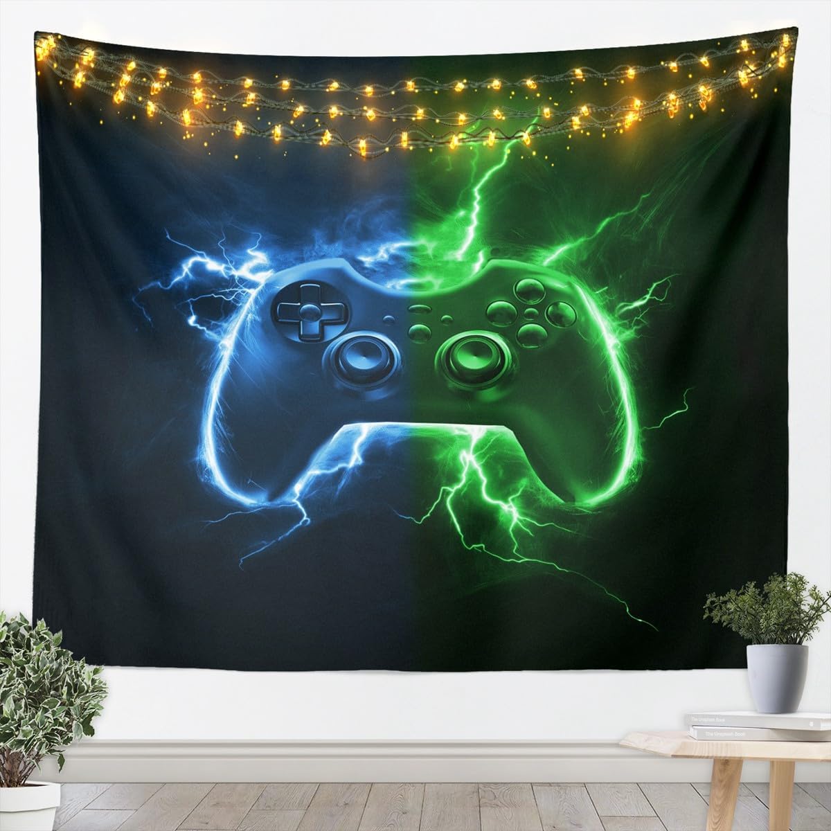 Manfei Modern Gamer Tapestry Blue Green Gamepad Wall Hanging, Youth Gaming Videogame Wall Blanket Home Artwork, Kids Boys Teens Room Decor, Large 59.1 x 82.7 Inches