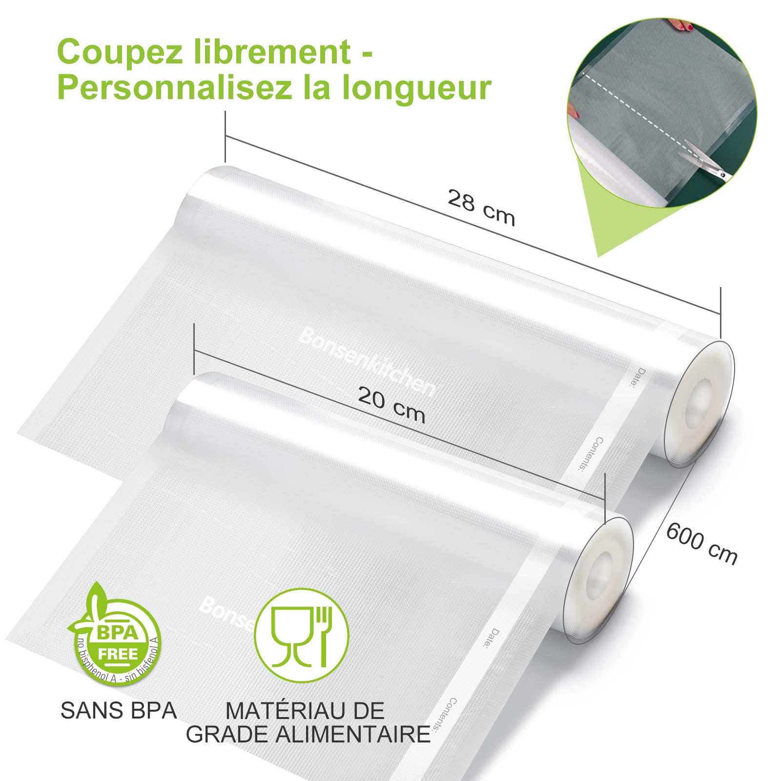 Bonsenkitchen Profi Vakuumier-Set Silber Vakuumiergerät + 6 Vakuumrollen BPA-frei, inkl. 5 Starter-Beuteln, Schlauch & 2 Pumpanschlüsse