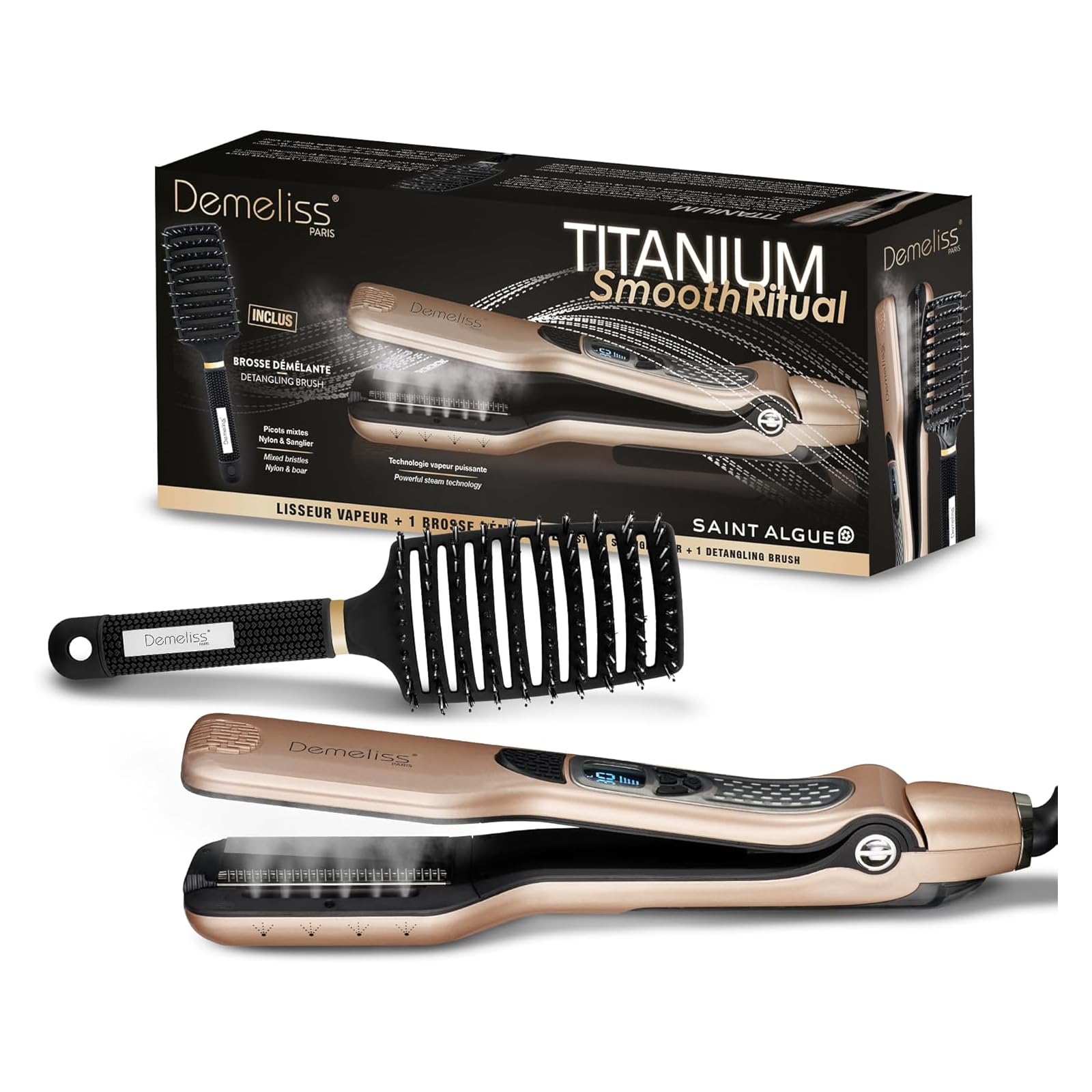 Demeliss Saint Algue – Estuche alisador de vapor Titanium SMOOTH RITUAL – Incluye cepillo desenredante ventilado – alisado de alto rendimiento, hidratación intensa – para todo tipo de cabello