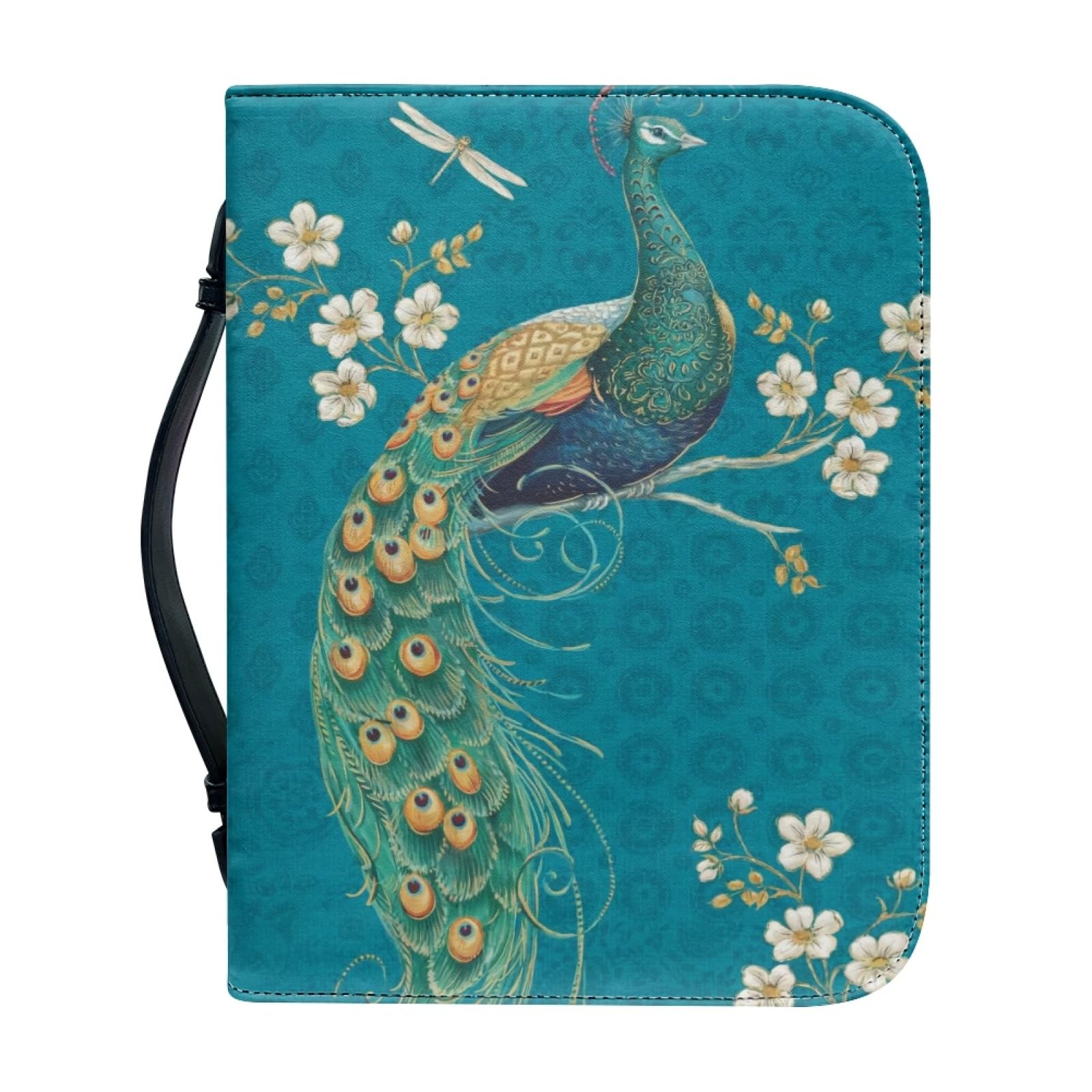 Kuiaobaty Peacock Floral Handle Bible Bag Case with Zipper, Vintage Bird Flower Faux Leather Book Covers for Paperbacks Protective Cover — image 1