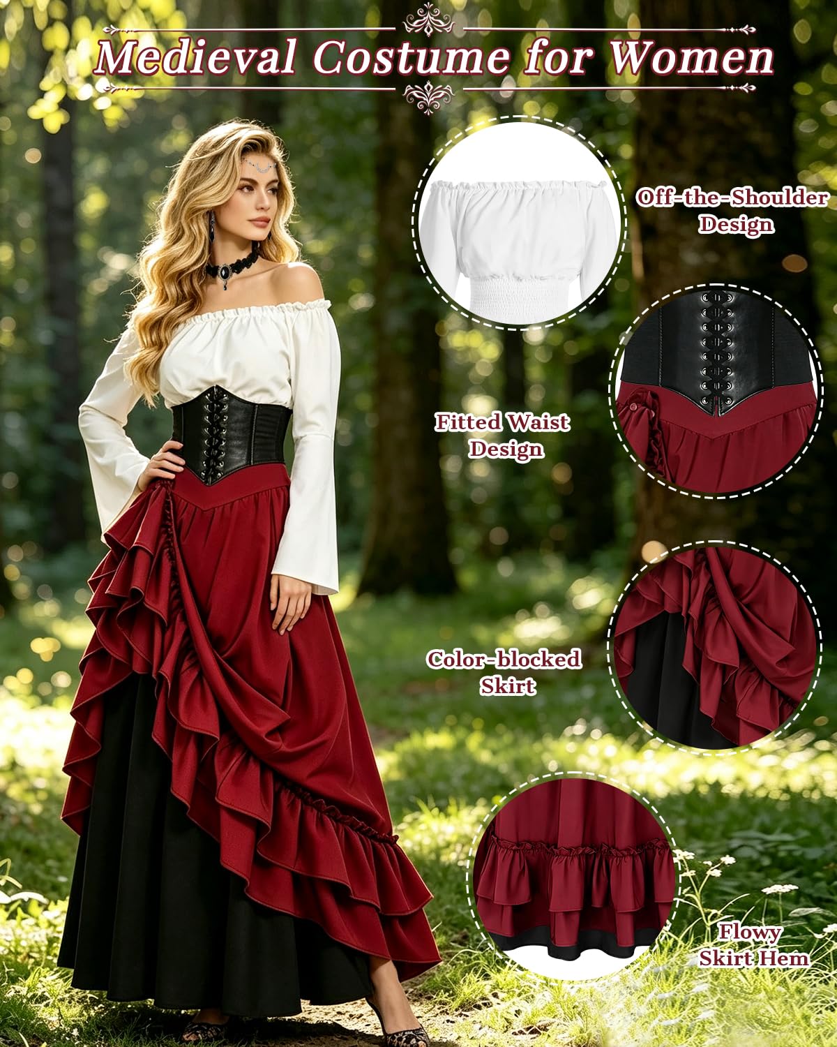 Robe Médiévale Femme, 2 Façons de Porter, Ceinture et Boîte Cadeau | Robe Gothique Médiévale avec Chemise, Robe Victorienne, Deguisement Renaissance pour Halloween, Cosplay et Fête