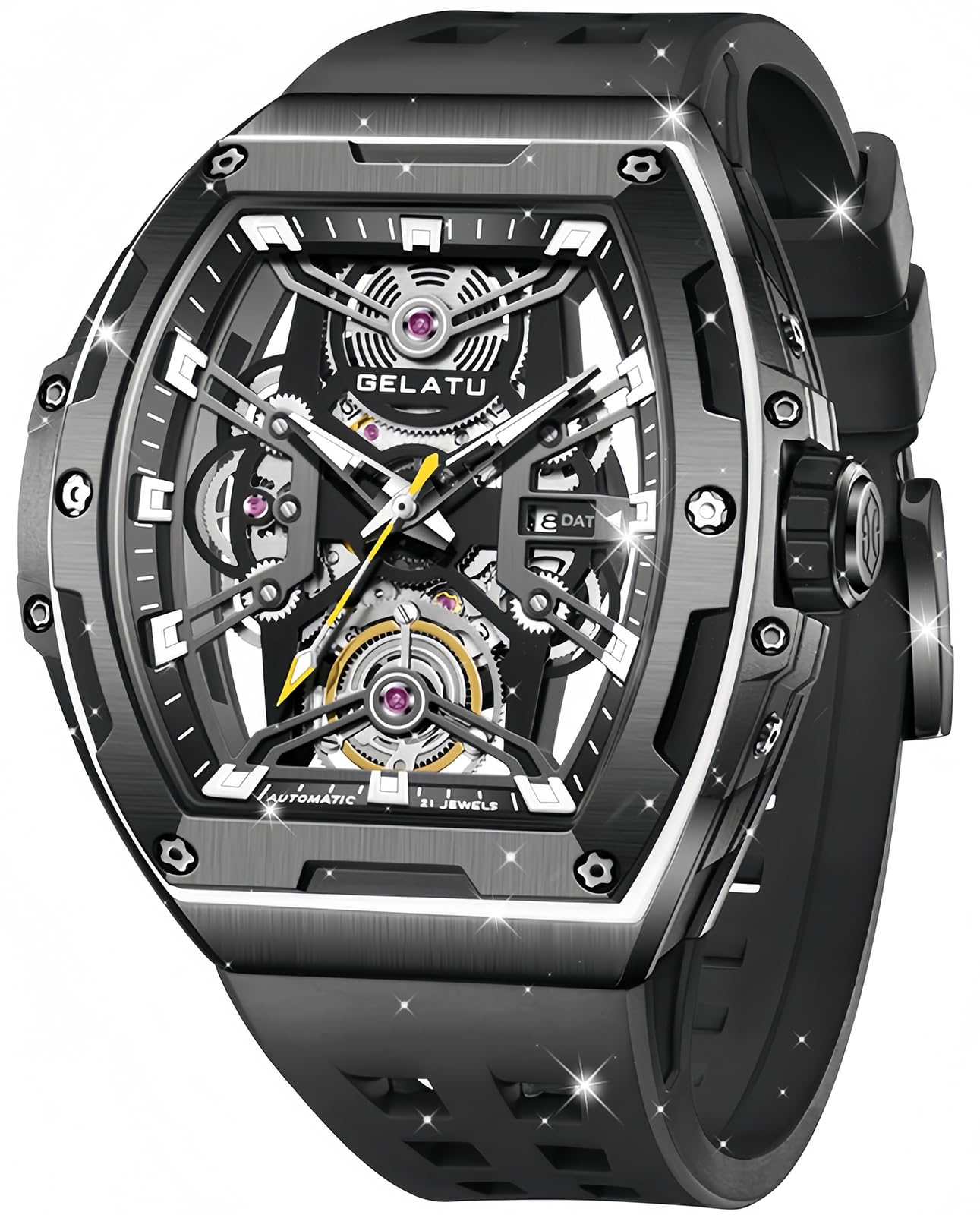 OLEVS Men Automatic Watch Diamond Skeleton Mechanical Original Luxury Self Winding Moon Phase Calendar Waterproof Wrist Watch for Men