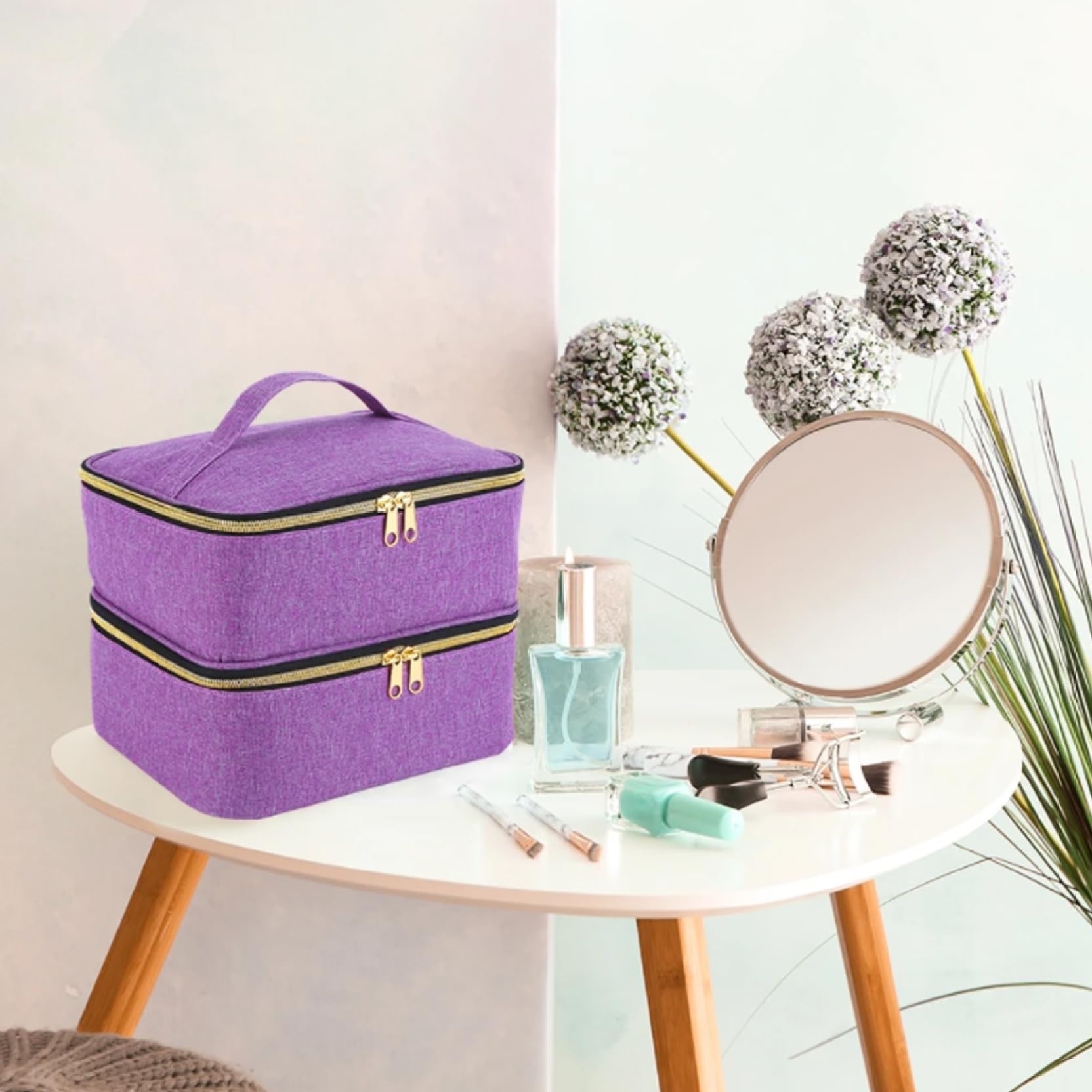 Caja de costura grande de 2 capas con asa y cremalleras, elegante estuche de almacenamiento morado para hilos de coser, agujas y accesorios, perfecto para entusiastas de las manualidades