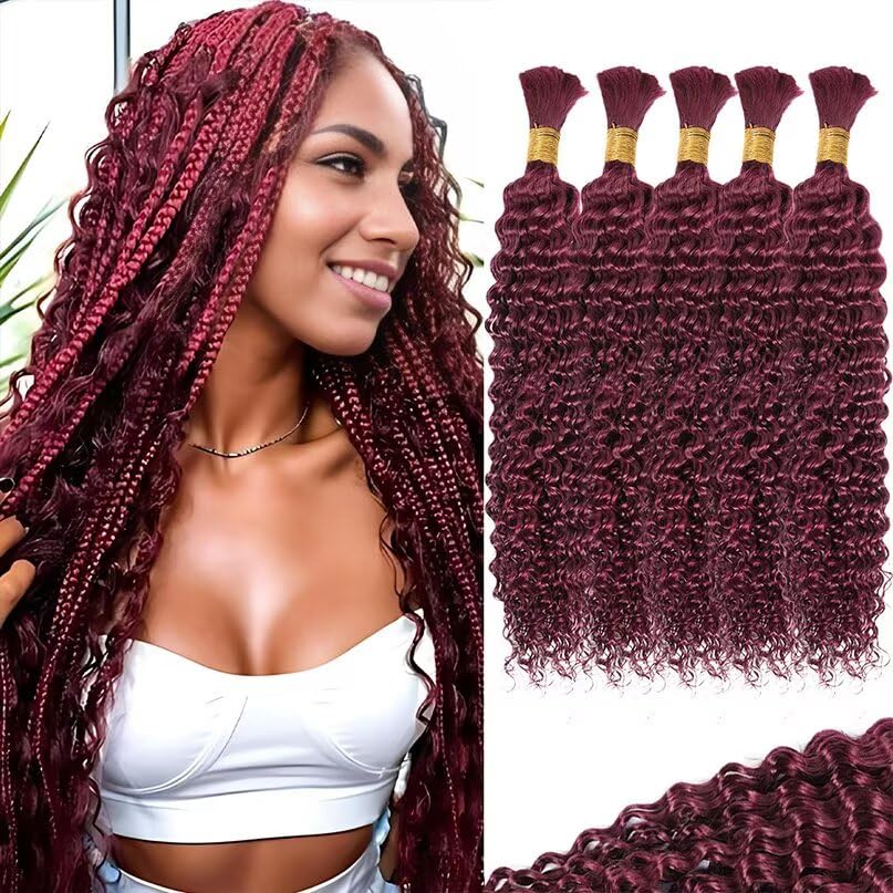 12A 99J Burgundy Red Human Braiding Hair for Boho Braids 5 Bundles 14 Inch 160g Deep Wave Braiding Hair for Bohemian Knotless Braids 100% Unprocessed Brazilian Virgin Bulk Hair Extensions No Weft