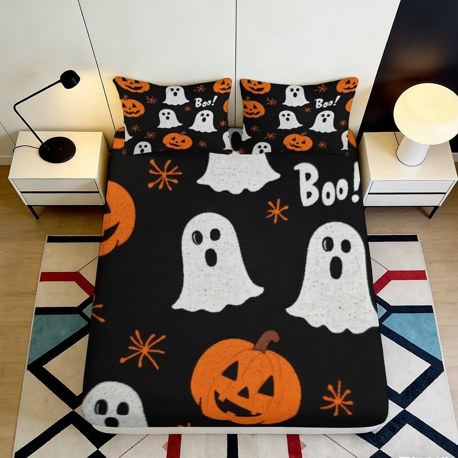 3D Printed Halloween Ghost Pumpkin Fitted Sheet Microfiber Deep Pocket Bedroom Decor Halloween Mattress Fitted Cover 90x200x25cm