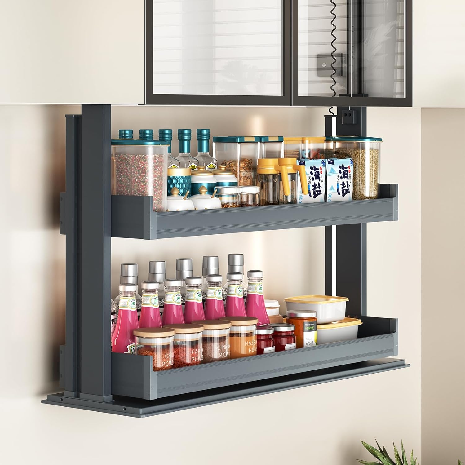 Touch Switch Pull Down Cabinet Organizer- Electric Pull Down Shelf for Upper Cabinets, Anti-Collision Spice Rack,Smart Kitchen and Pantry Organization,18.27" W x 26" H, Plus256Y