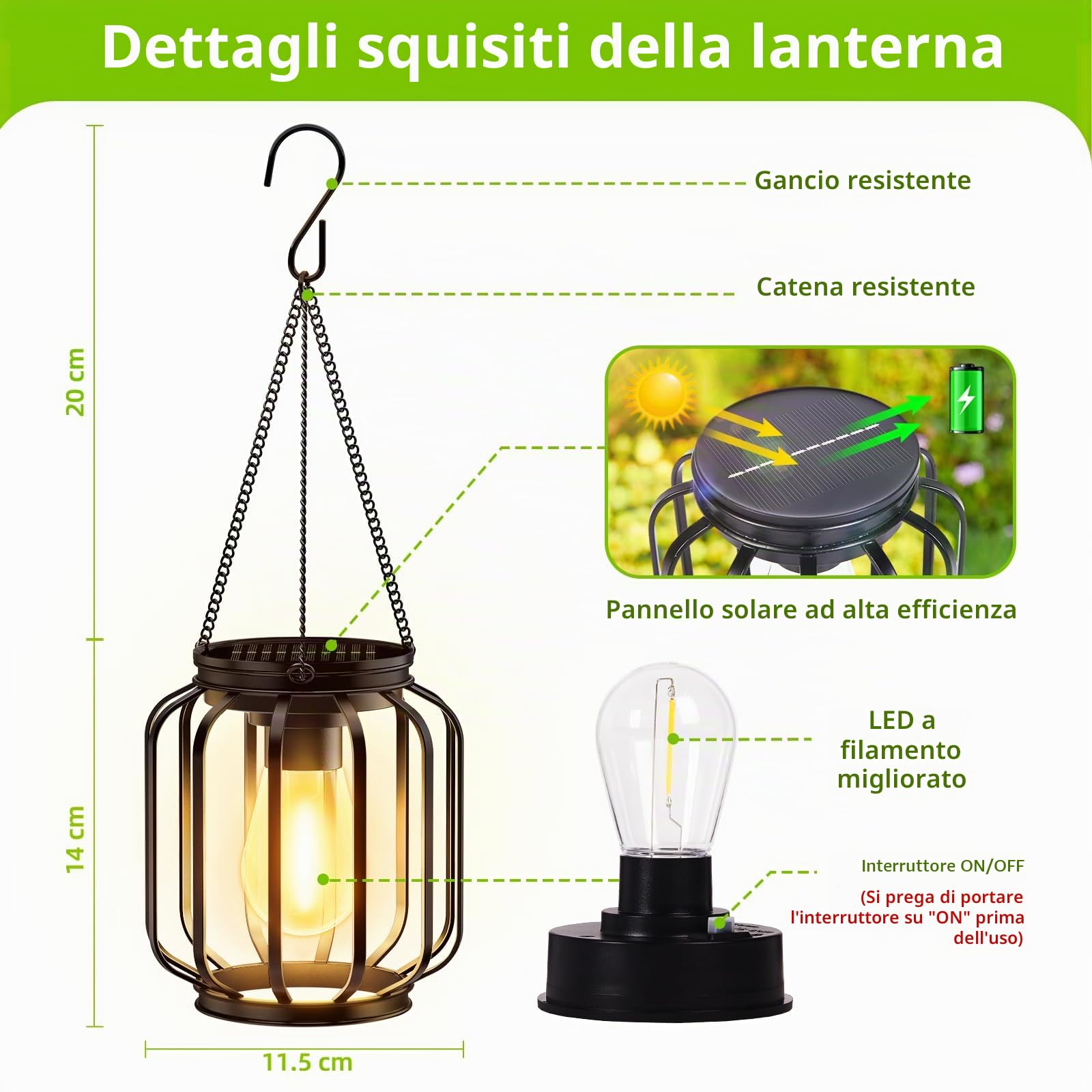 BUCASA Lanterne solari da giardino all'aperto, con catena e gancio, in metallo impermeabile, per vialetto