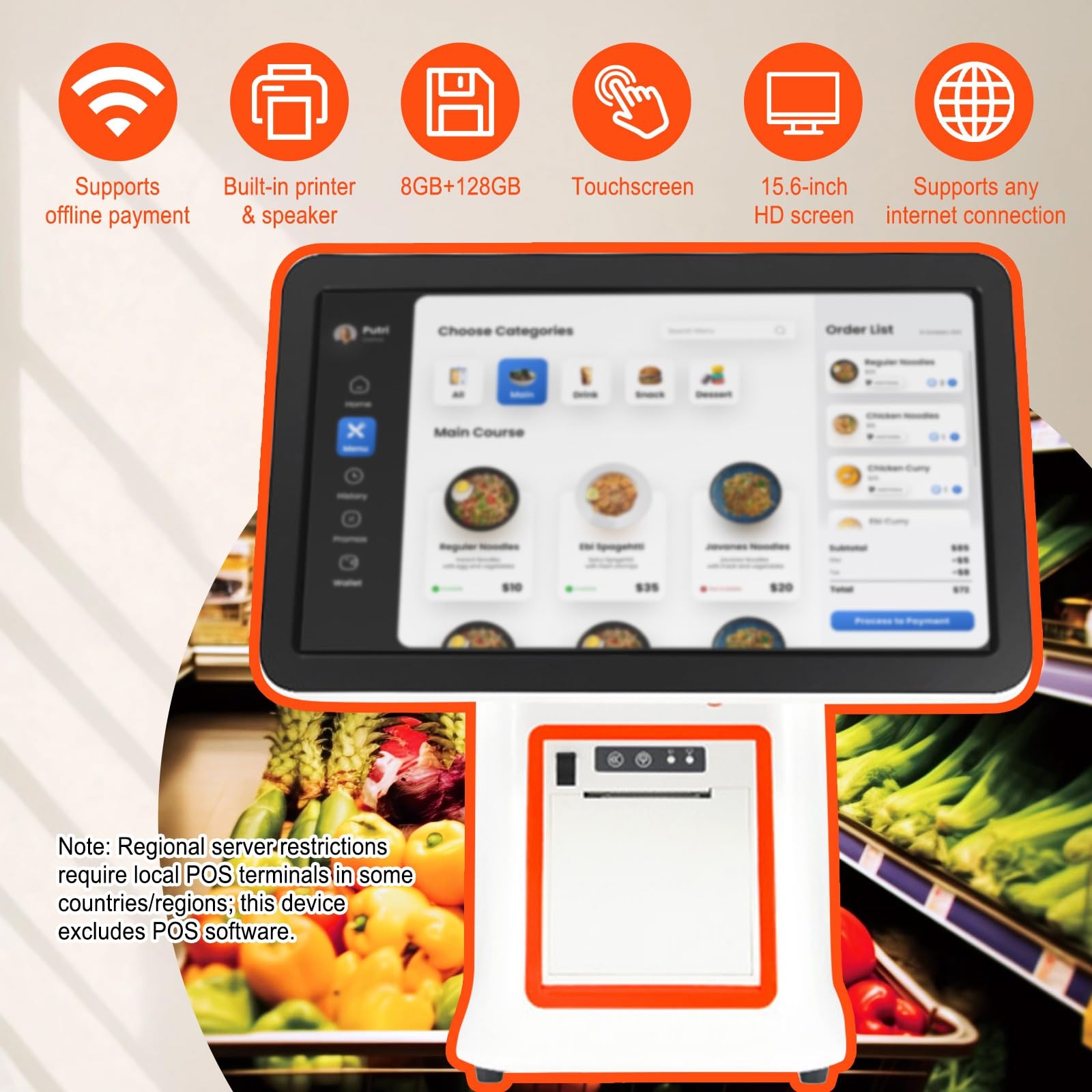 Caisse Enregistreuse Tactile 15.6 Pouces Pos System Tout en Un avec Imprimante Ticket WiFi Bluetooth Point De Vente pour Restaurant Retail Magasin(Black,with 58mm Printer)